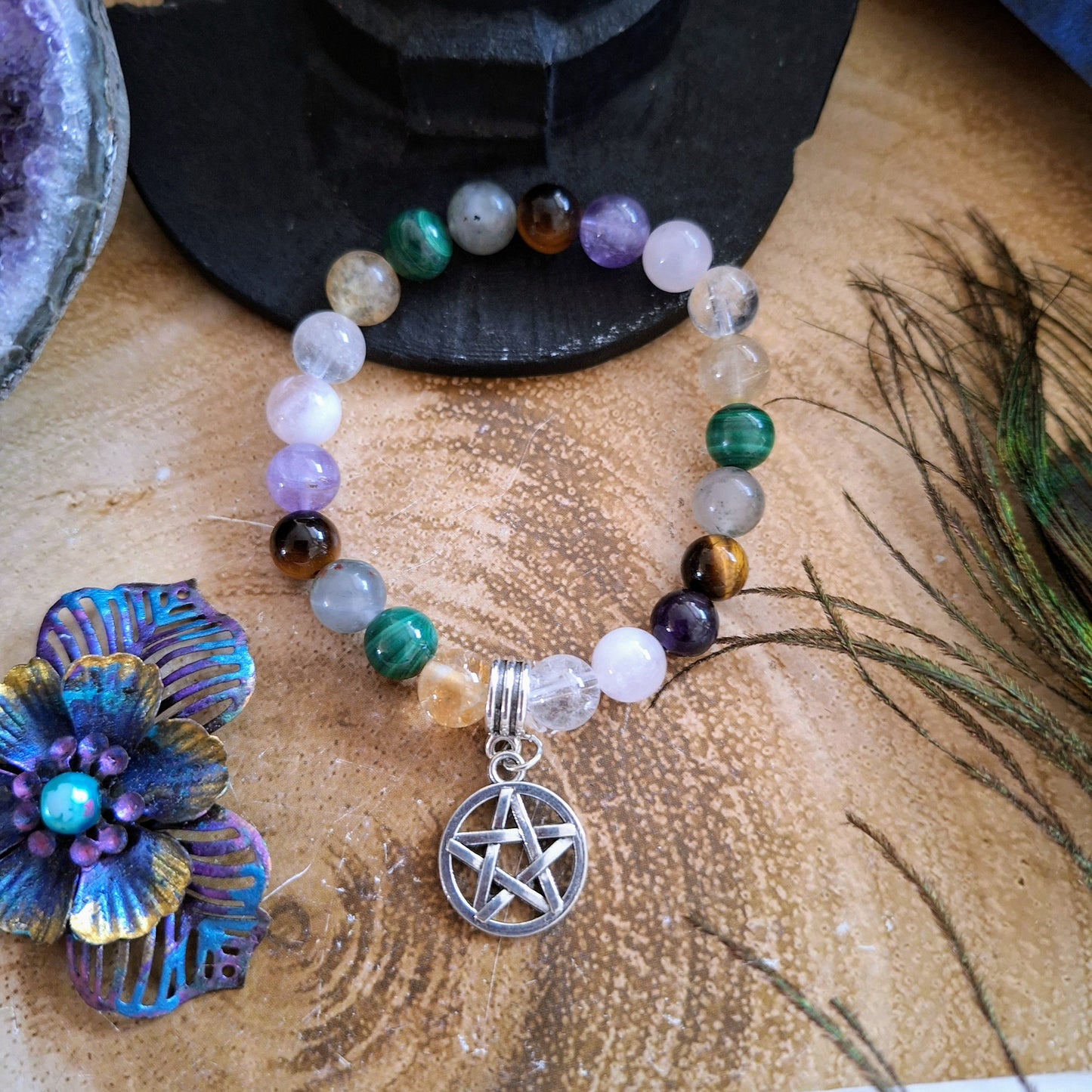 White Witch protection Bracelet with Bloodstone, Tigers Eye, Malachite, Citrine, Amethyst & Pentagram Charm crystal healing