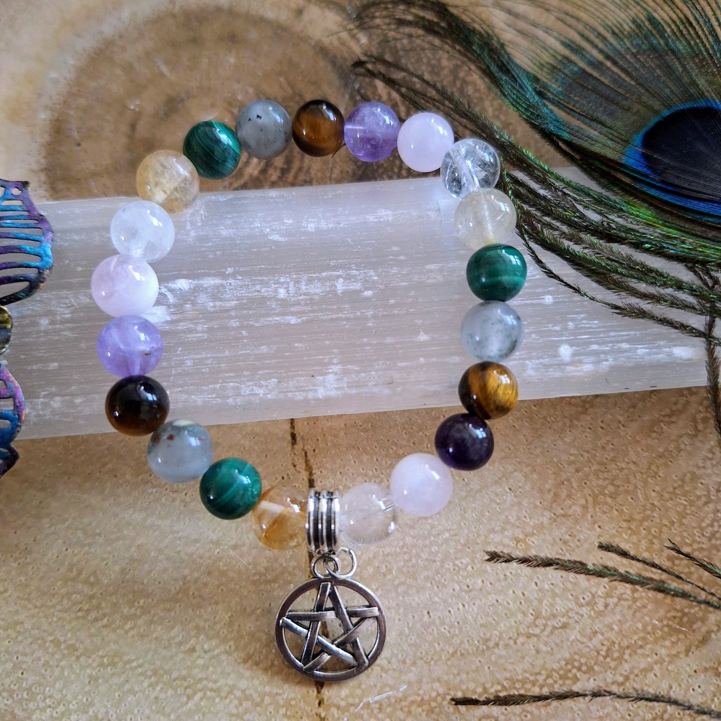 White Witch protection Bracelet with Bloodstone, Tigers Eye, Malachite, Citrine, Amethyst & Pentagram Charm crystal healing