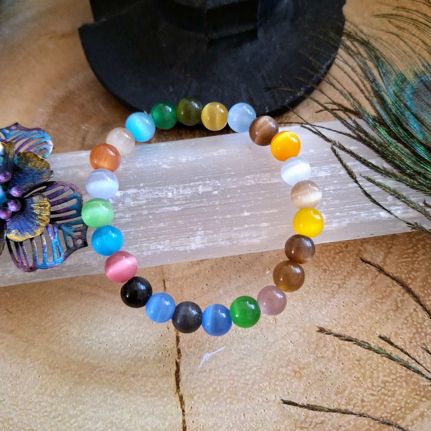 Cats eye bracelet mixed colour crystal healing stretchy stacking jewellery gift for him or her