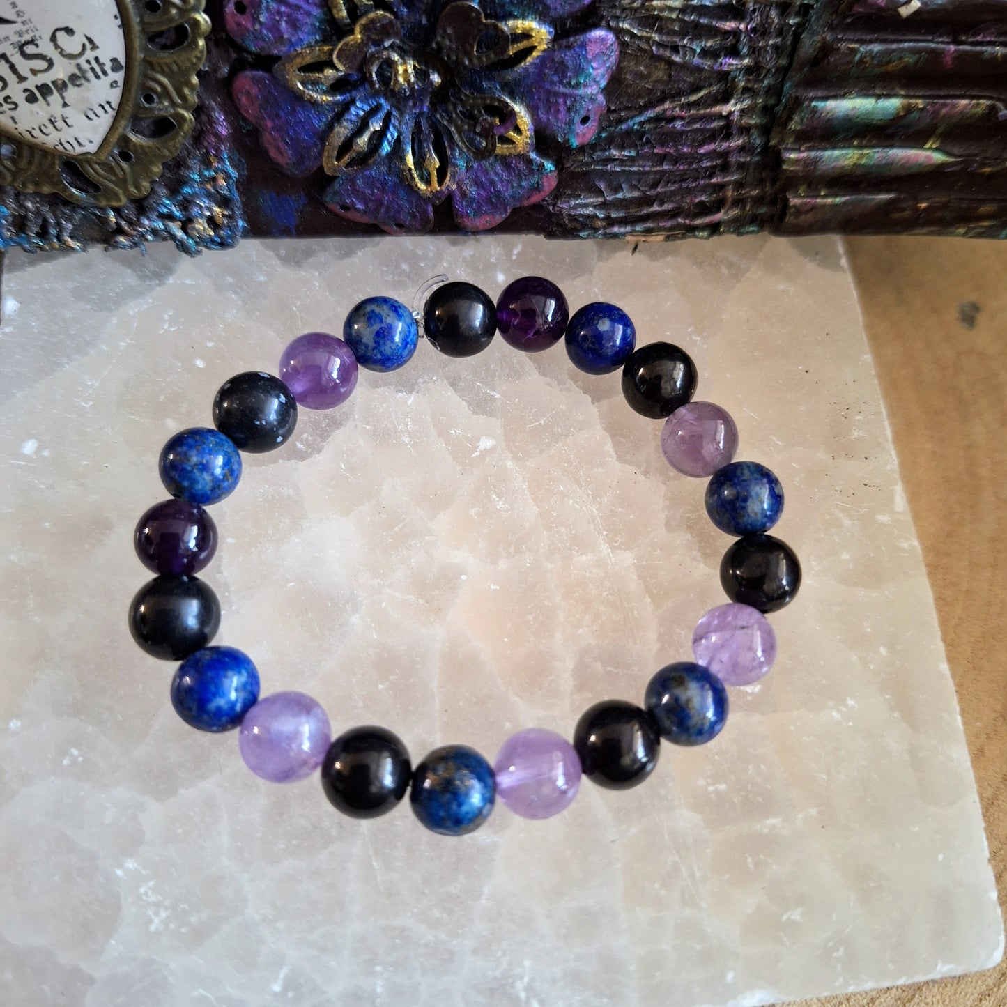 Jet lapis lazuli and amethyst bracelet gift for him or her crystal healing jewellery for men or women