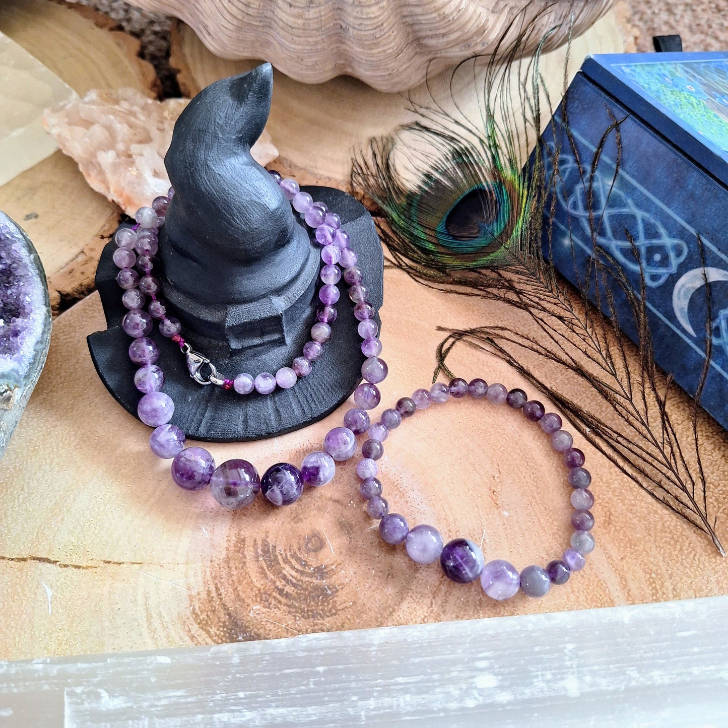 Dream amethyst beaded necklace and bracelet set