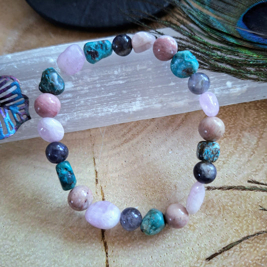 Gemstone bracelet Crystal healing with Kunzite, Crysocolla, Iolite and Rhodochrosite gift for her jewelry for women