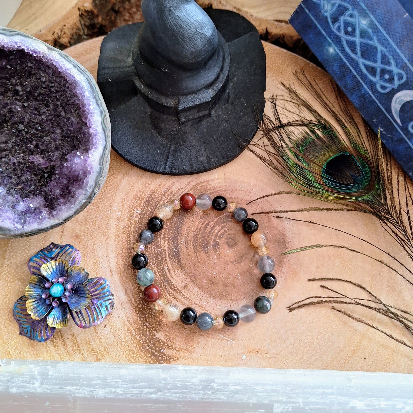 Aura Protection Bracelet crystal healing  Labradorite, Fluorite, Citrine, Black Obsidian and black tourmaline natural stone