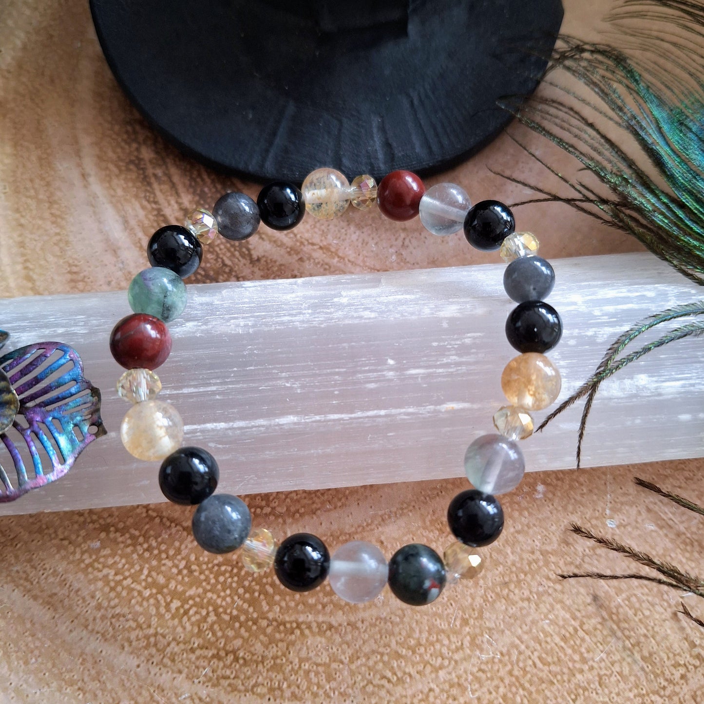 Aura Protection Bracelet crystal healing  Labradorite, Fluorite, Citrine, Black Obsidian and black tourmaline natural stone