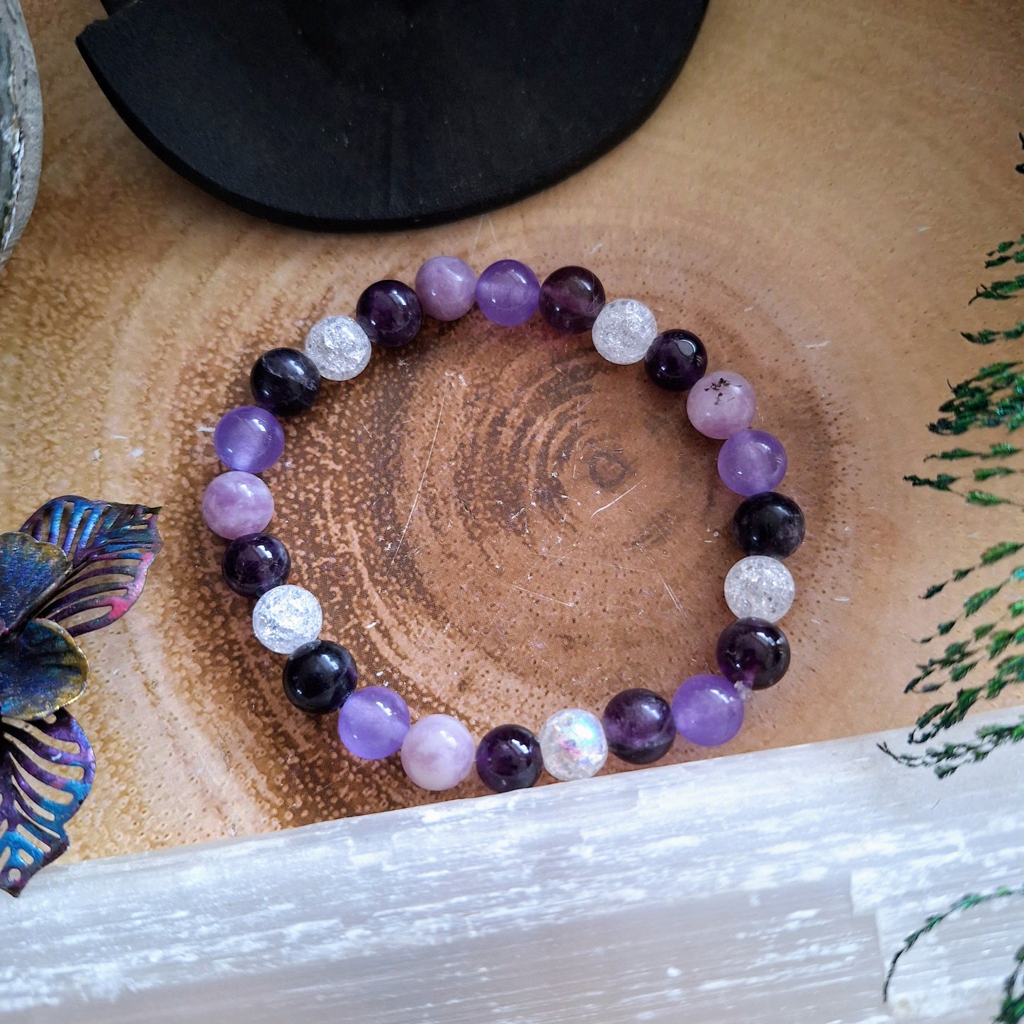 Crown Chakra Crystal Bracelet with Amethyst, Cracked Quartz, Chalcedony, Purple Fluorite and Lilac Lepidolite