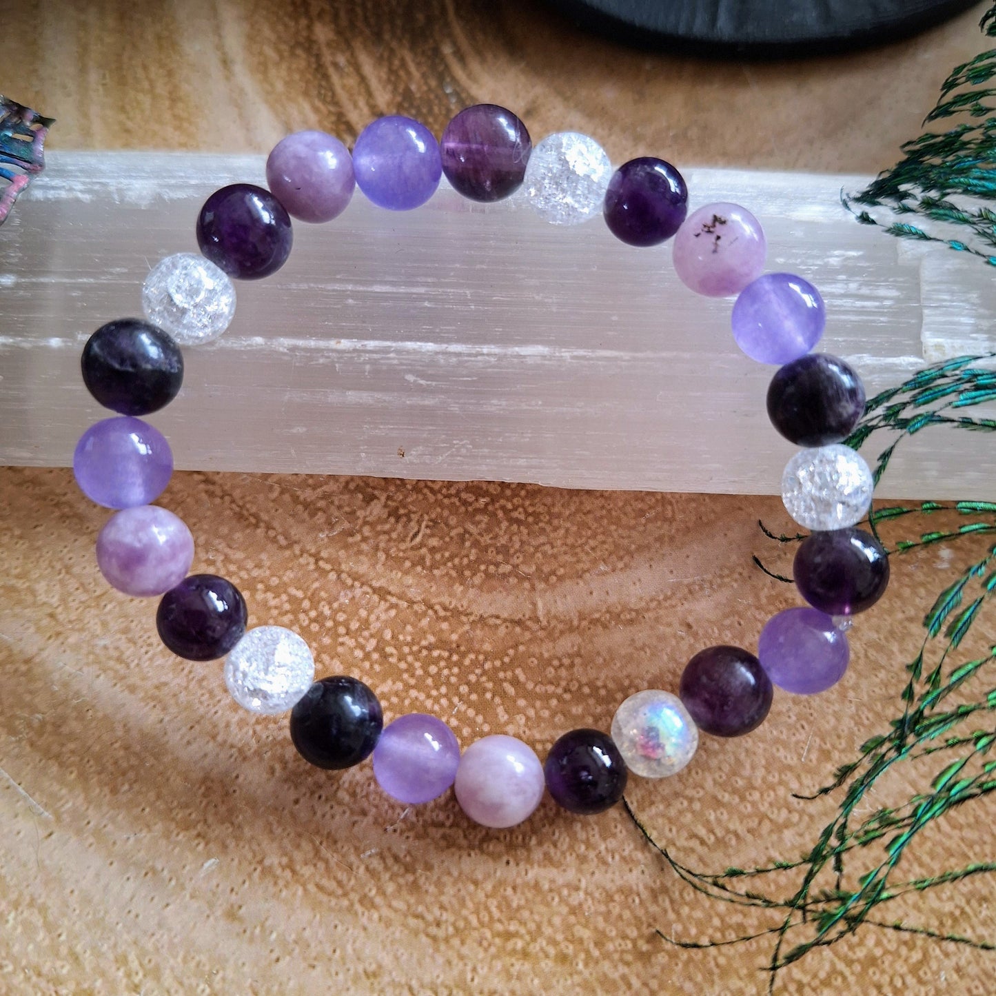 Crown Chakra Crystal Bracelet with Amethyst, Cracked Quartz, Chalcedony, Purple Fluorite and Lilac Lepidolite