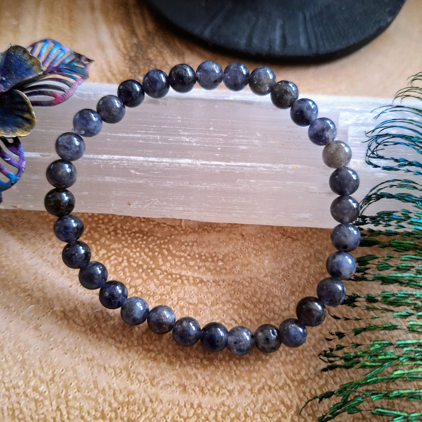 iolite bracelet crystal healing natural stone stacking stretchy jewellery gift for him or her