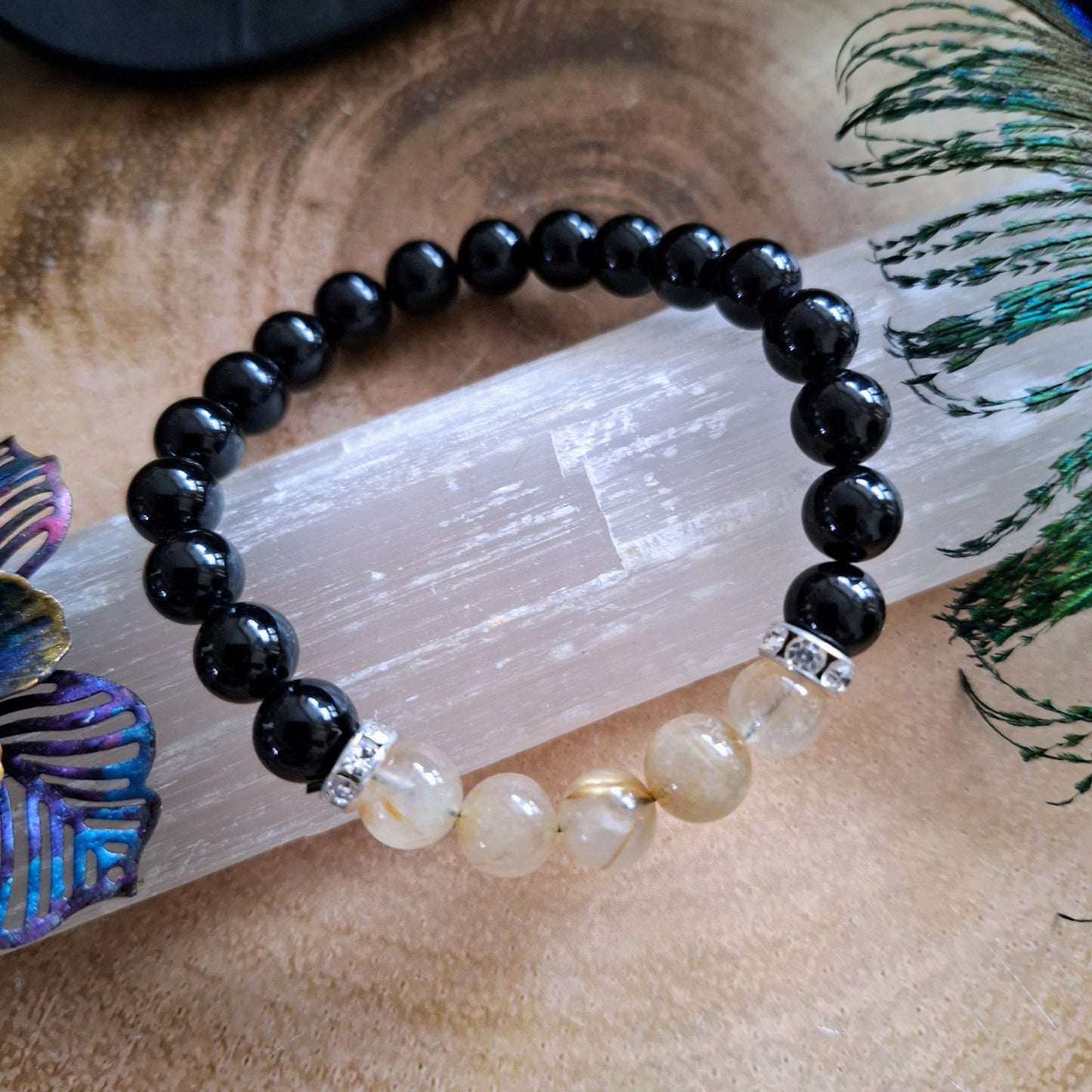 Black Tourmaline and golden healer quartz bracelet crystal healing  natural stone jewelry