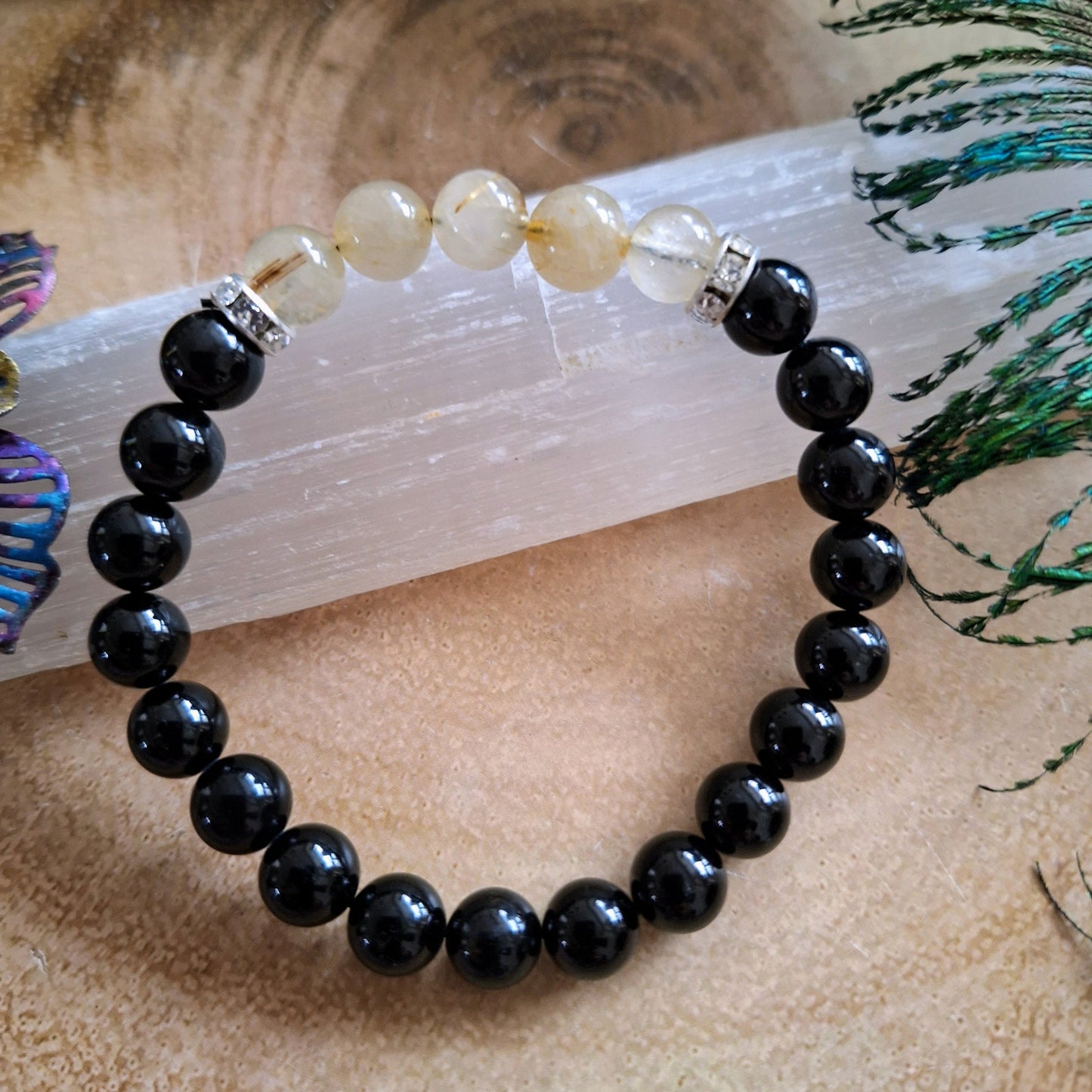 Black Tourmaline and golden healer quartz bracelet crystal healing  natural stone jewelry