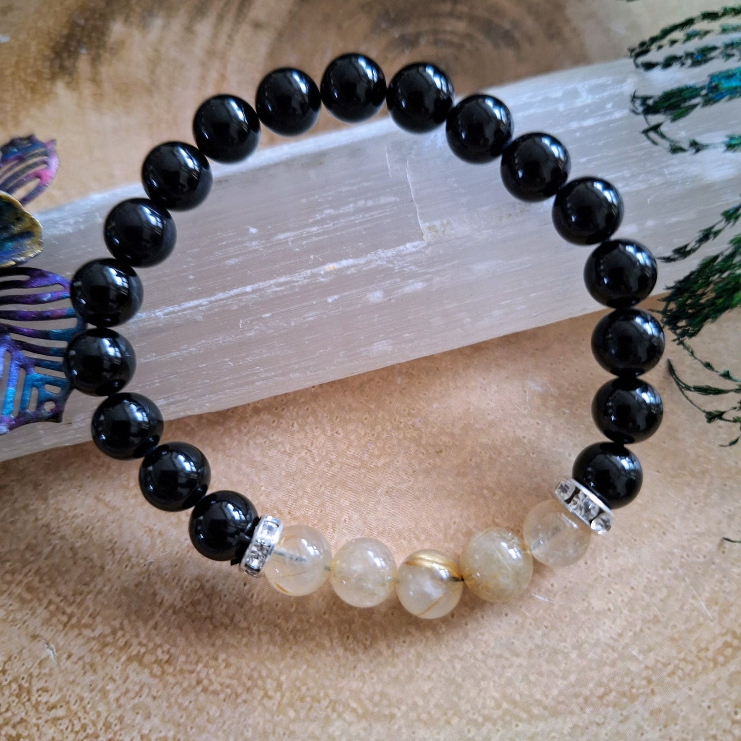 Black Tourmaline and golden healer quartz bracelet crystal healing  natural stone jewelry