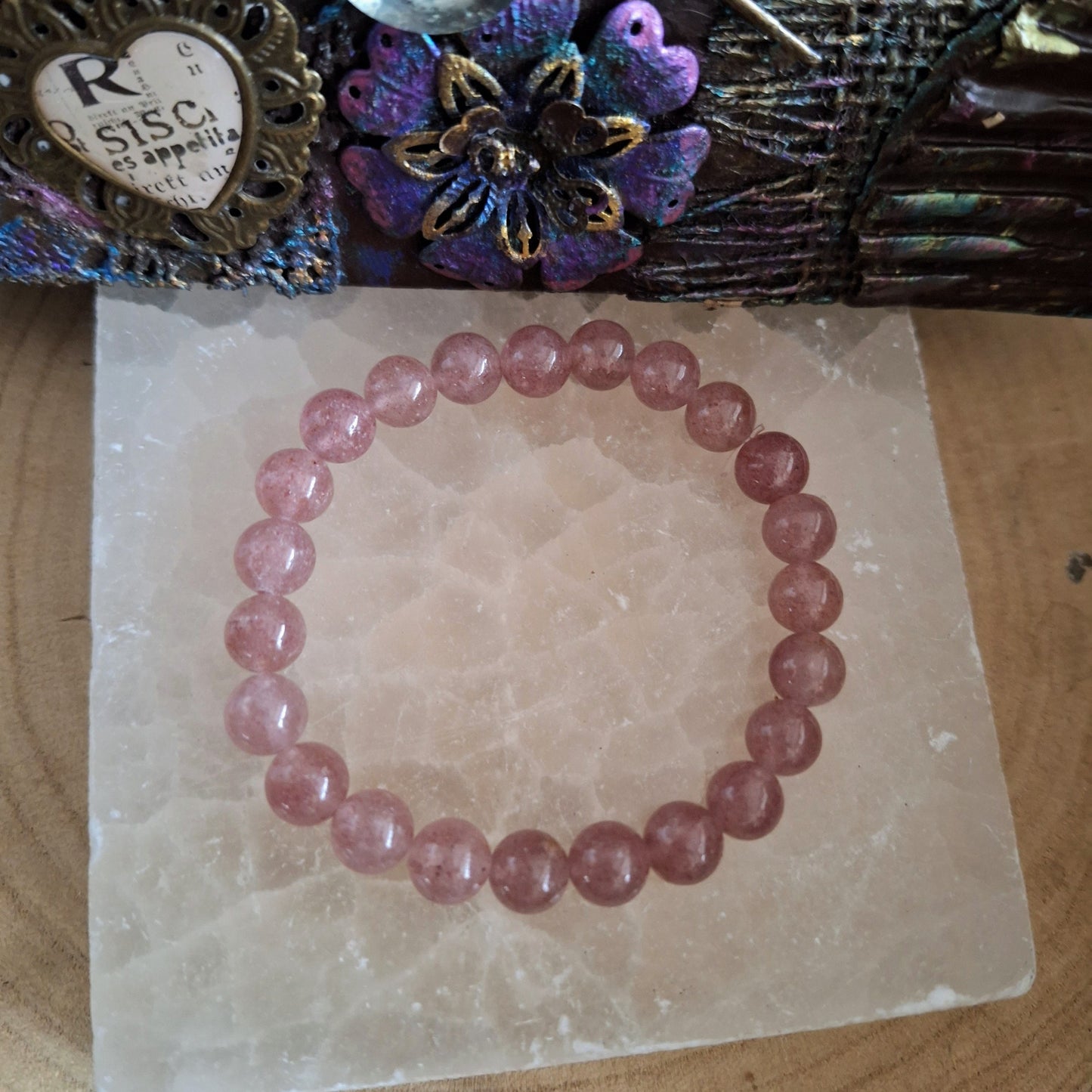 Strawberry quartz bracelet crystal healing natural stone stretch stacking jewellery gift for him or her heart chakra jewelry for women