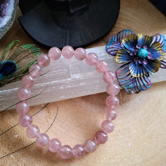 Strawberry quartz bracelet crystal healing natural stone stretch stacking jewellery gift for him or her heart chakra jewelry for women