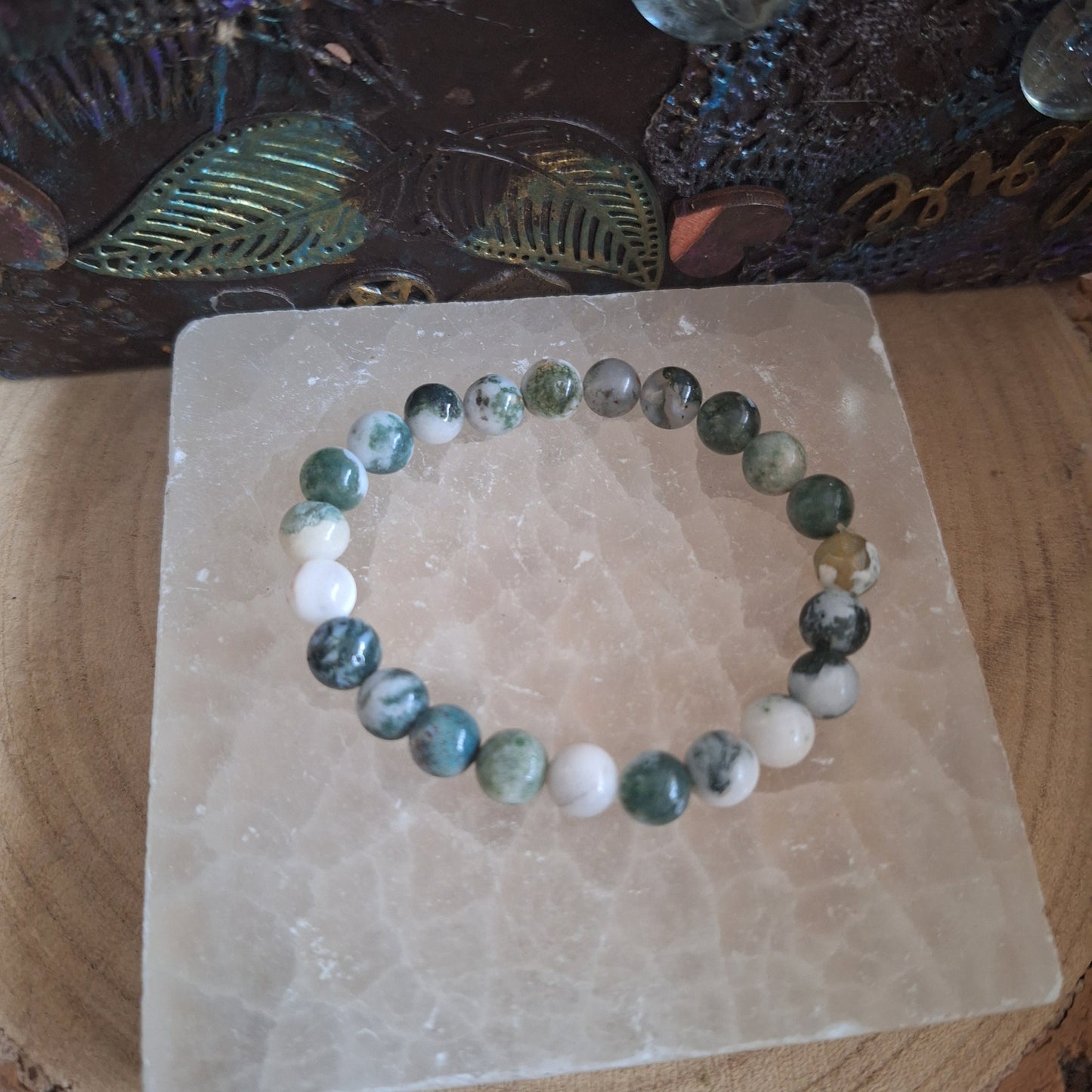 Tree agate bracelet crystal healing jewellery natural stone stretchy stacking gift for men or women heart chakra