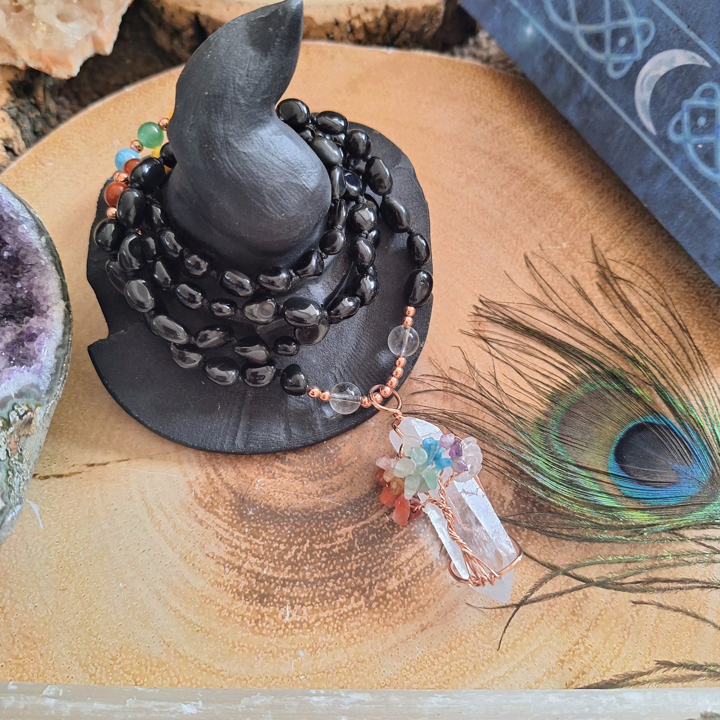 Black obsidian necklace with clear quartz chakra wire wrapped pendant Crystal healing bead mala womens jewellery gift for her witchy jewelry