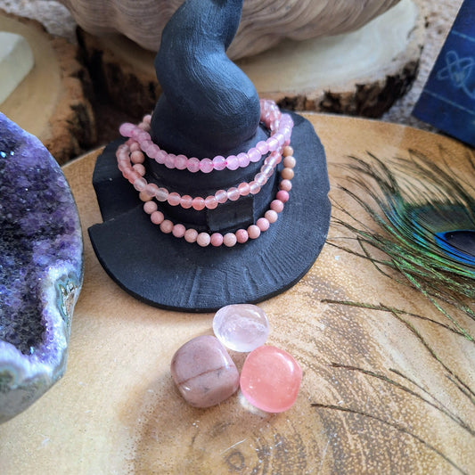 Rose quartz pink Bracelet and tumblestone set stacking stretchy crystal healing heart chakra gift for her