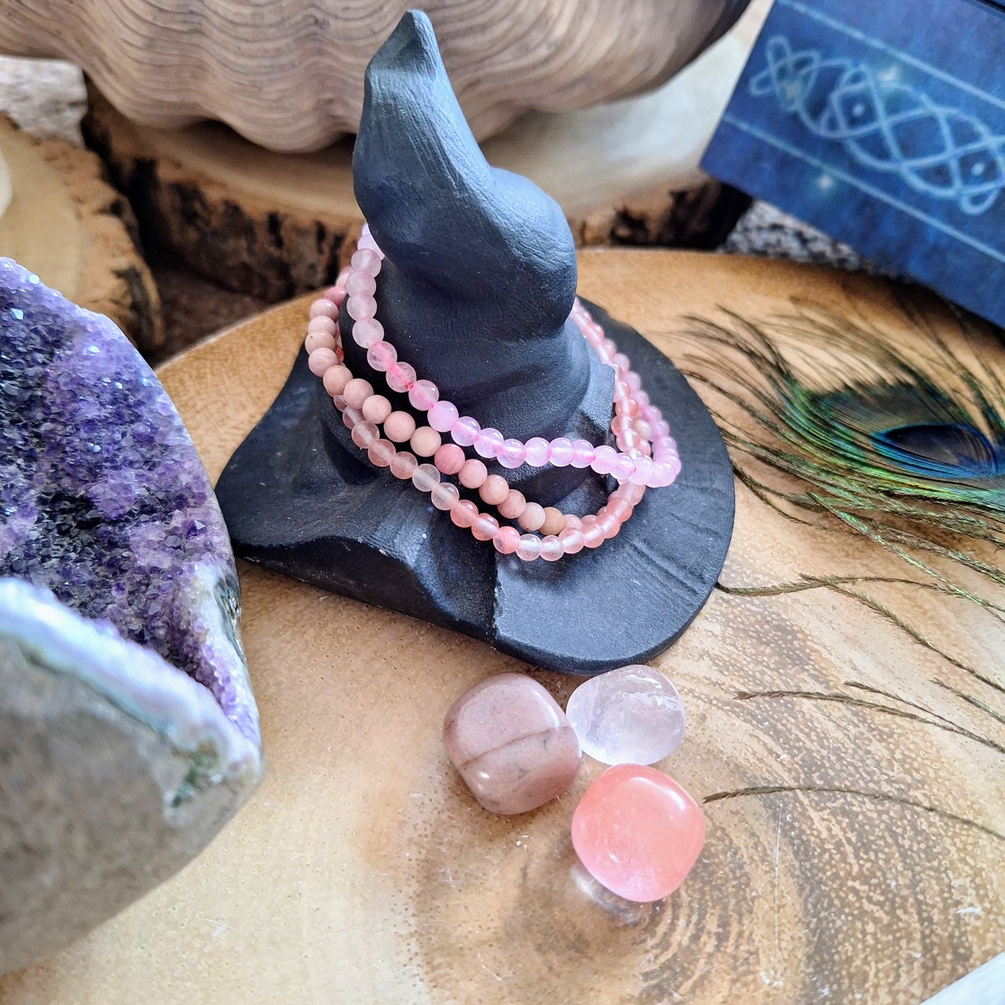 Rose quartz pink Bracelet and tumblestone set stacking stretchy crystal healing heart chakra gift for her