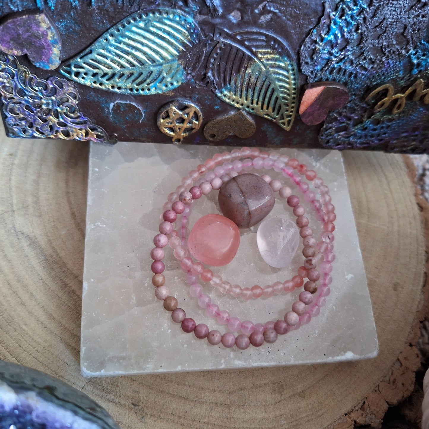 Rose quartz pink Bracelet and tumblestone set stacking stretchy crystal healing heart chakra gift for her