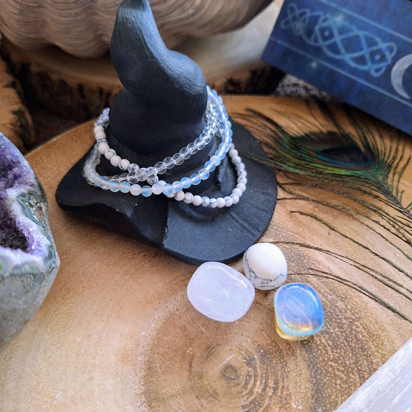 Clear quartz white Bracelet and tumblestone set stacking stretchy crystal healing crown chakra gift for her or him