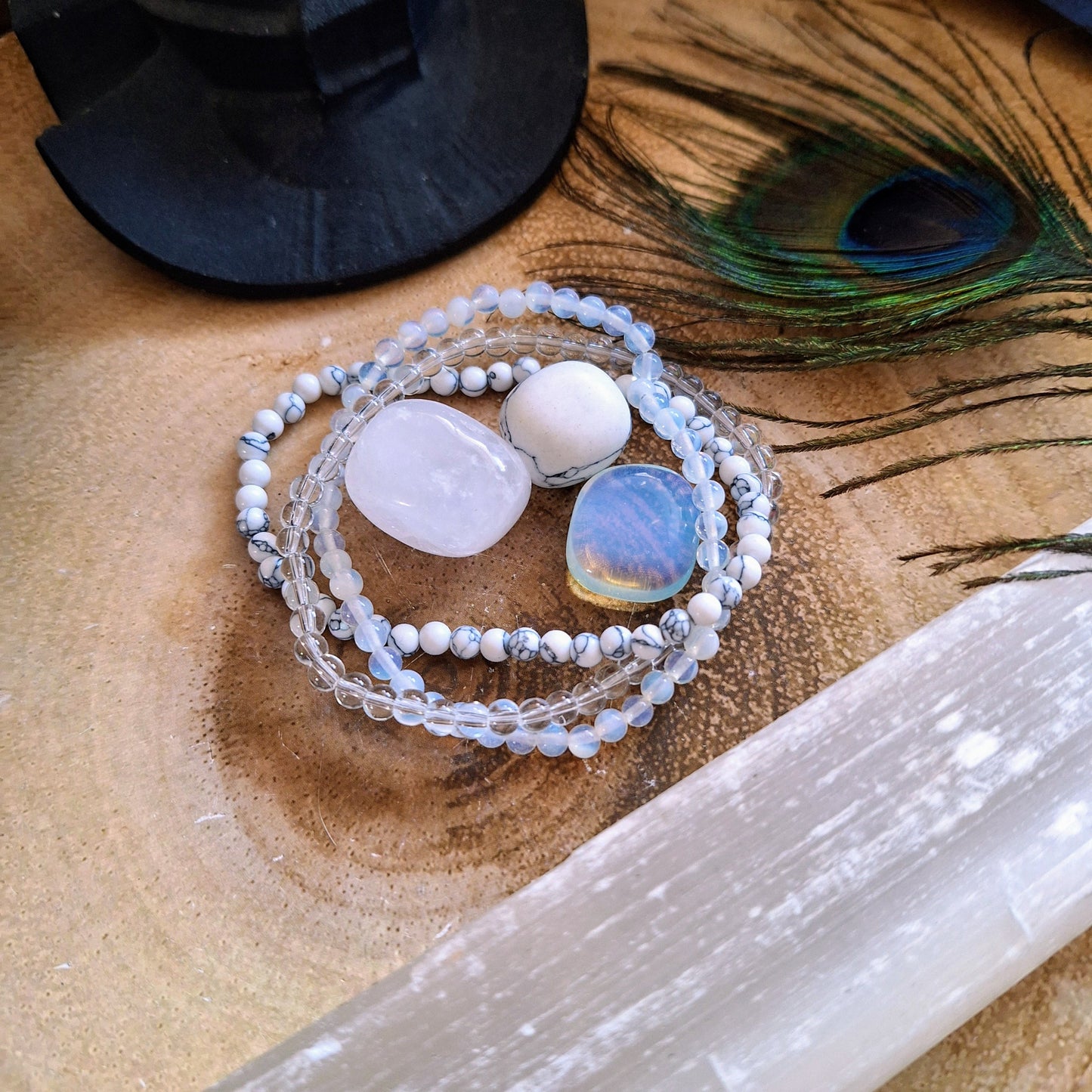 Clear quartz white Bracelet and tumblestone set stacking stretchy crystal healing crown chakra gift for her or him