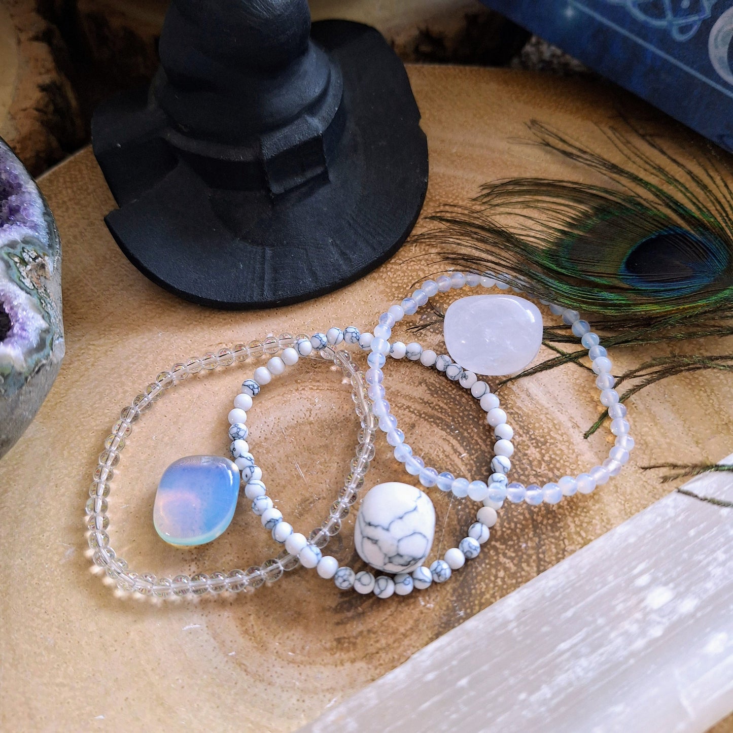 Clear quartz white Bracelet and tumblestone set stacking stretchy crystal healing crown chakra gift for her or him