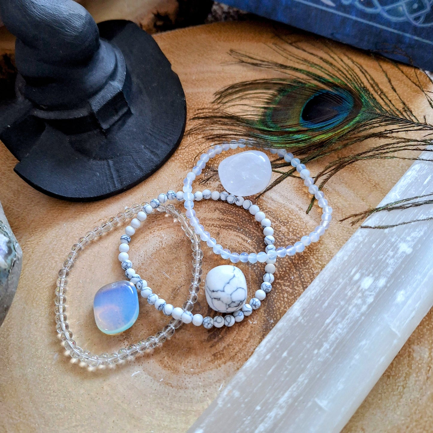 Clear quartz white Bracelet and tumblestone set stacking stretchy crystal healing crown chakra gift for her or him