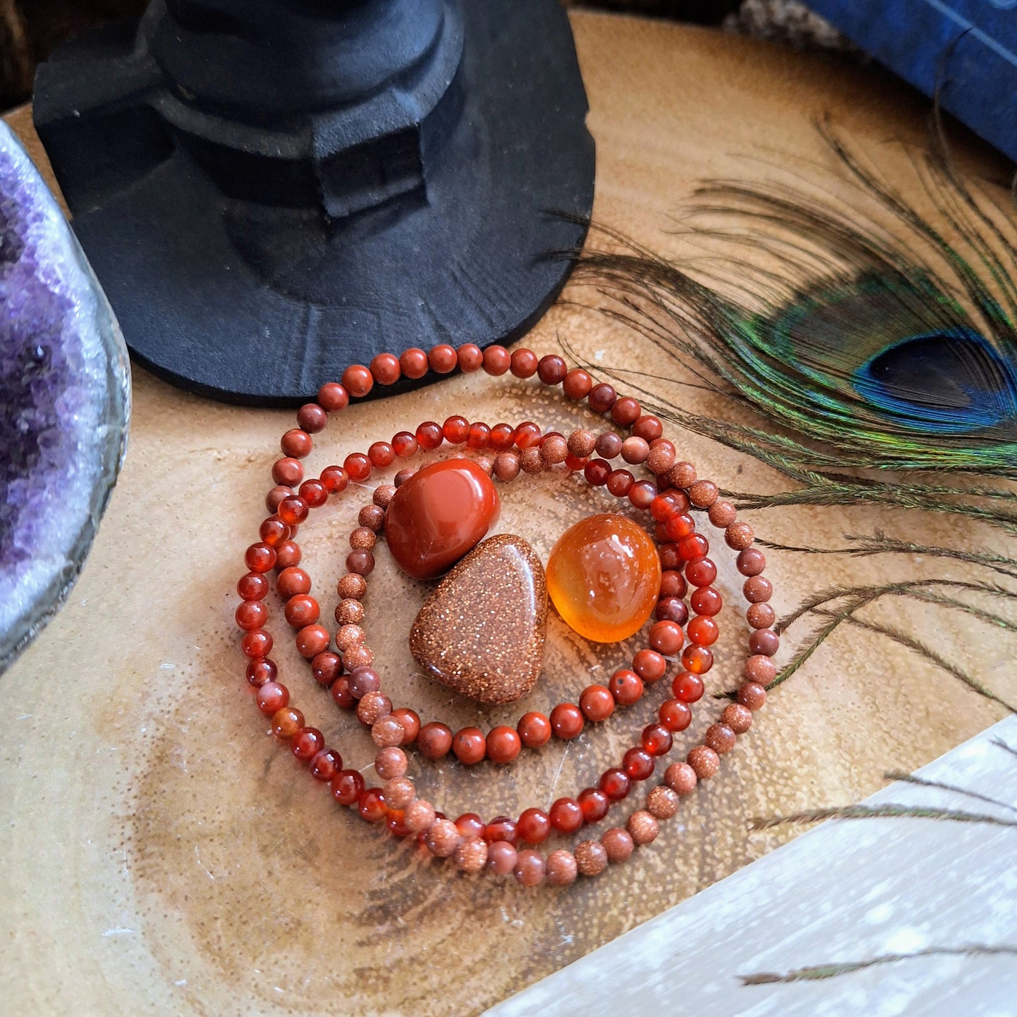 Carnelian red Bracelet and tumblestone set stacking stretchy crystal healing root chakra gift for her or him jasper