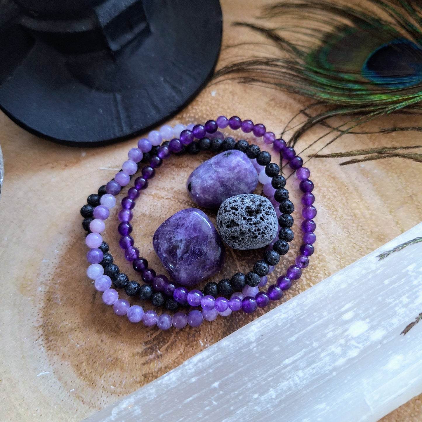 Amethyst purple Bracelet and tumblestone set stacking stretchy crystal healing third eye chakra gift for her or him jasper