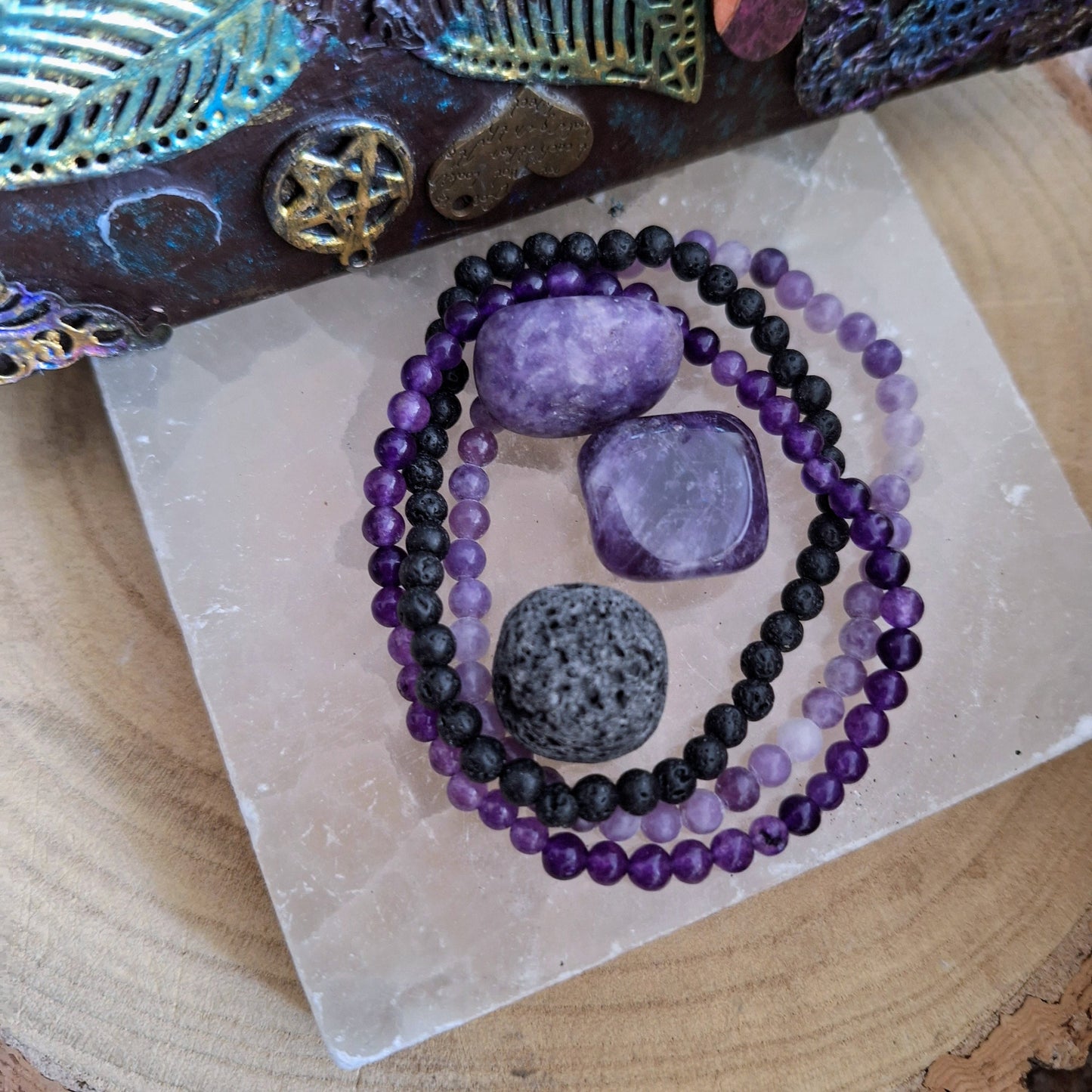 Amethyst purple Bracelet and tumblestone set stacking stretchy crystal healing third eye chakra gift for her or him jasper