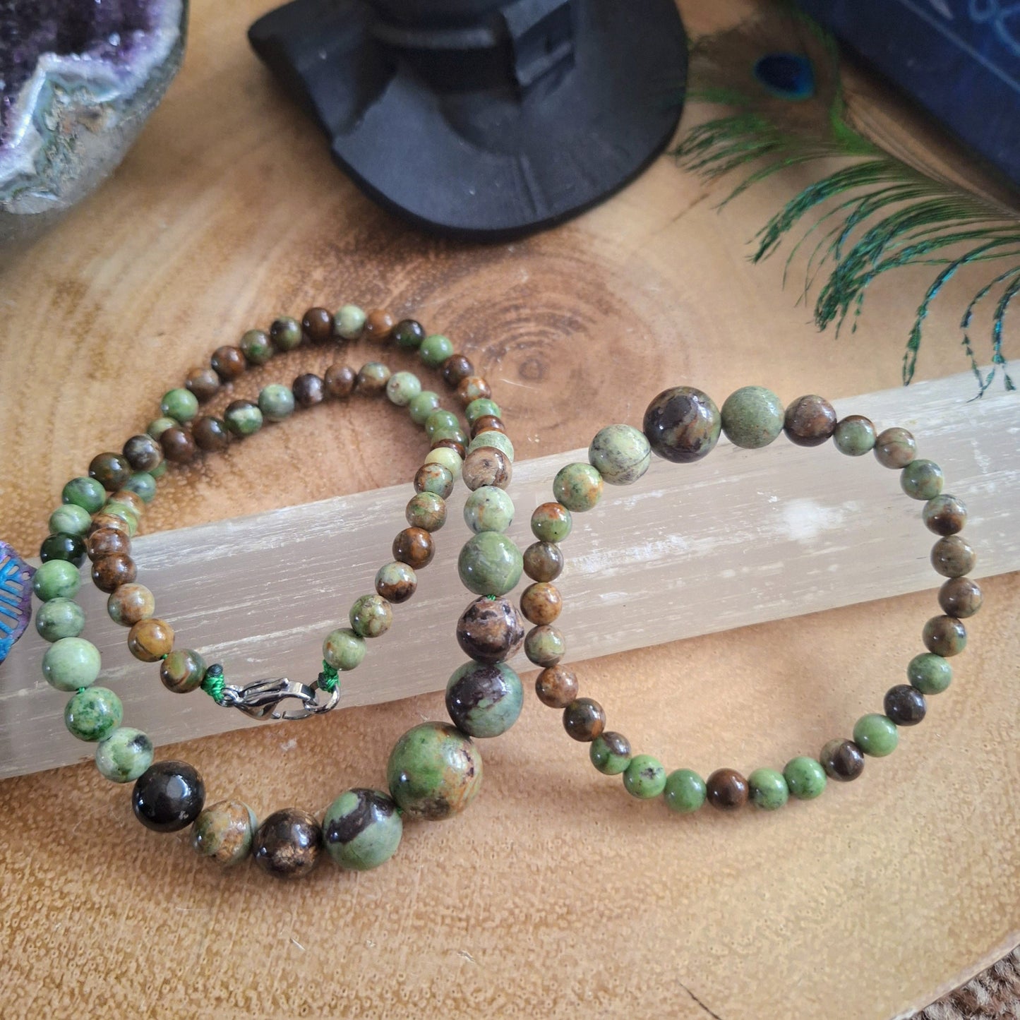 African green opal beaded necklace and bracelet set Crystal healing natural stone jewellery gift for her