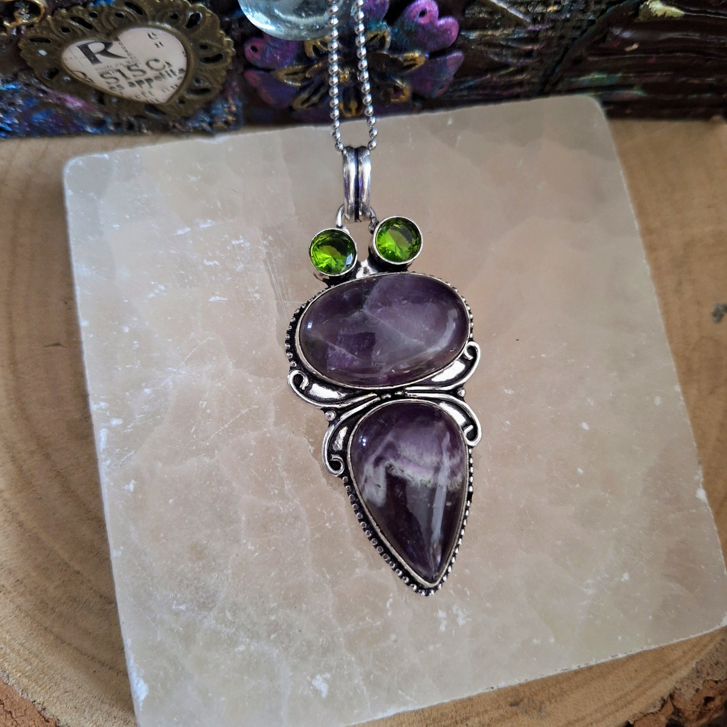 Amethyst And Peridot necklace pendant 925 silver crystal healing natural stone witchy gift for her jewellery for women