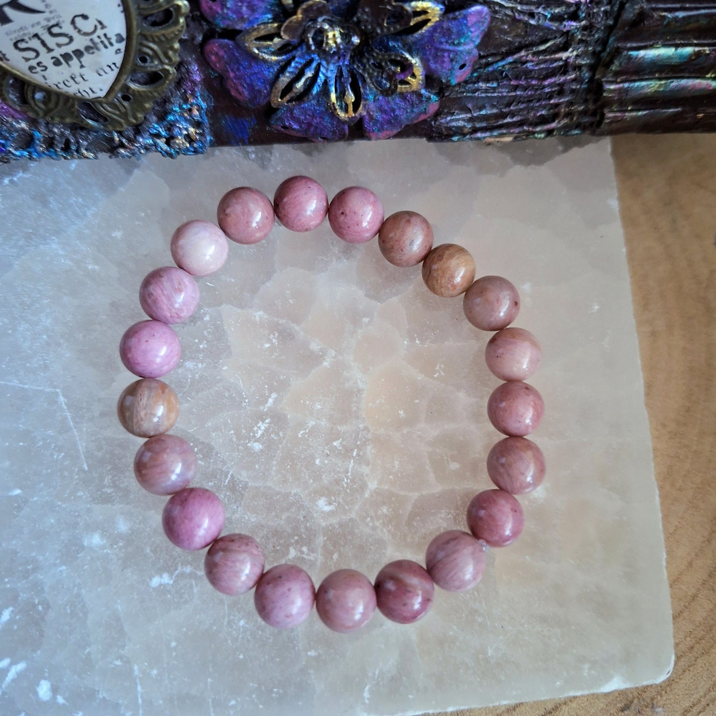 rhodochrosite bracelet crystal healing natural stone heart chakra stretchy stacking bracelet gift for her