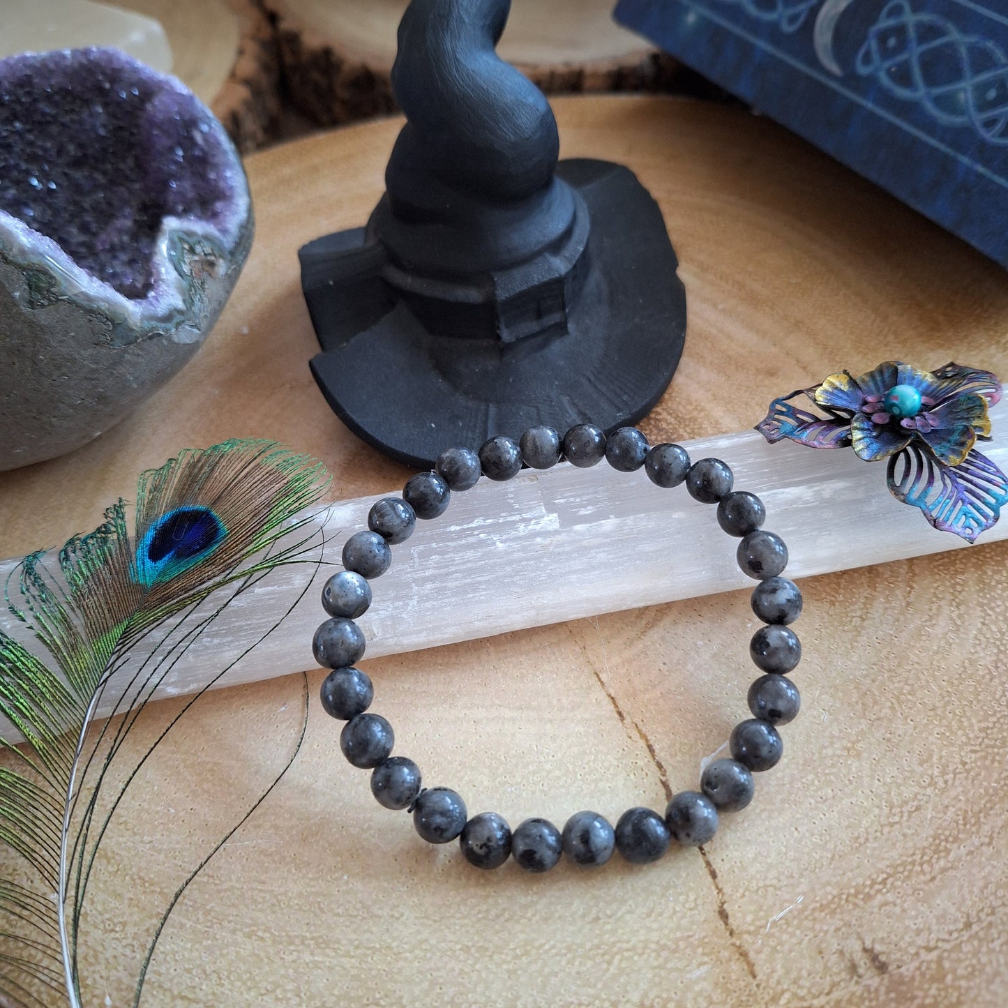 Black moonstone Larvikite Bracelet Crystal healing natural stone stretchy stacking bracelet gift for him or her