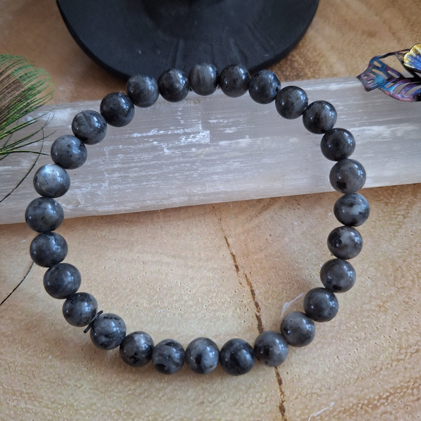 Black moonstone Larvikite Bracelet Crystal healing natural stone stretchy stacking bracelet gift for him or her