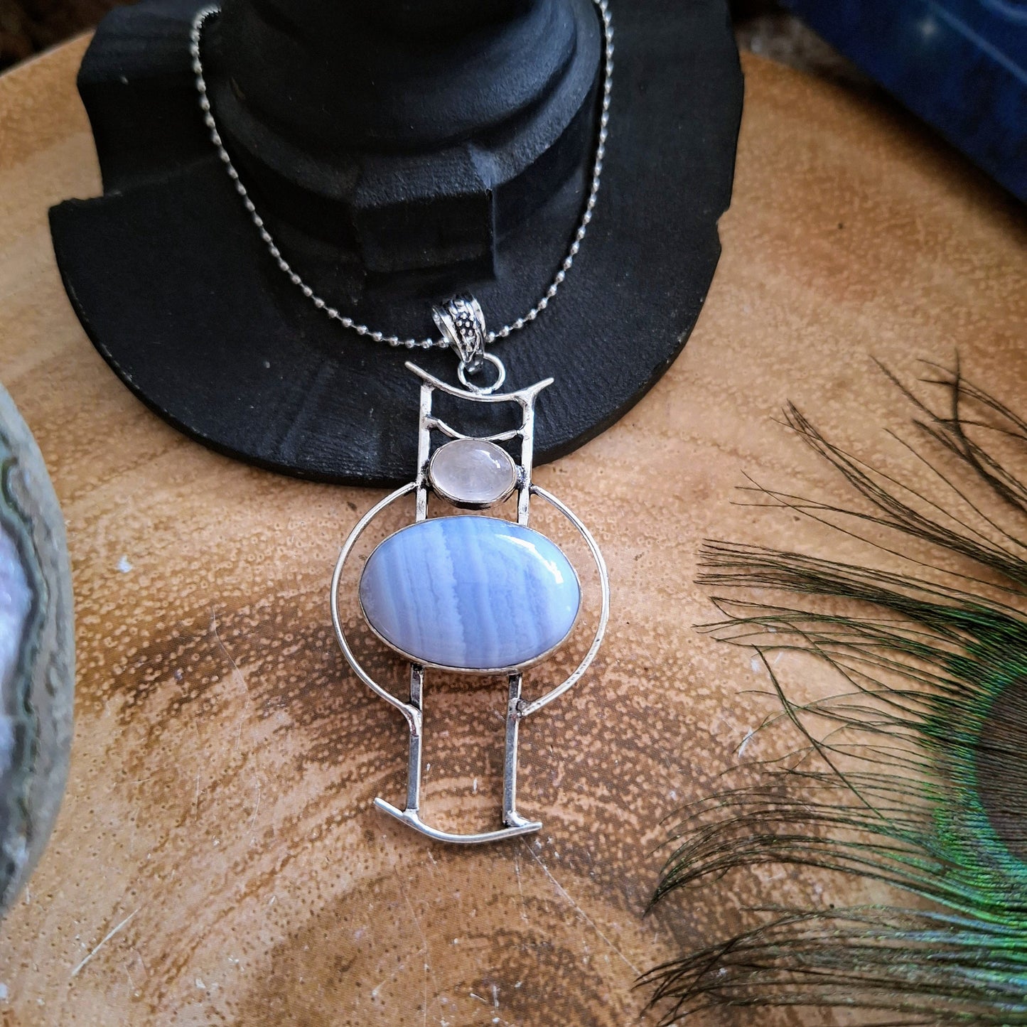 Blue lace agate and rose quartz necklace 925 silver pendant crystal healing throat chakra natural Stone witchy jewellery