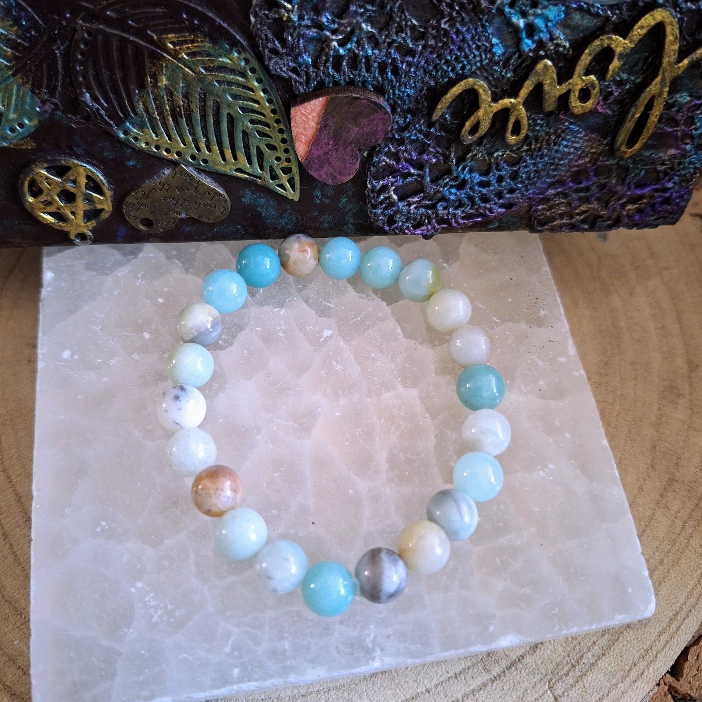 Flower amazonite bracelet crystal healing jewellery natural stone stretchy stacking bracelet gift for him or her