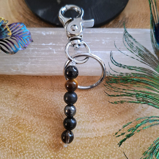 Ultimate Protection Crystal key ring chain with Black Tourmaline, Tigers Eye, Black Obsidian, Serpentine, Smoky Quartz and Hematite