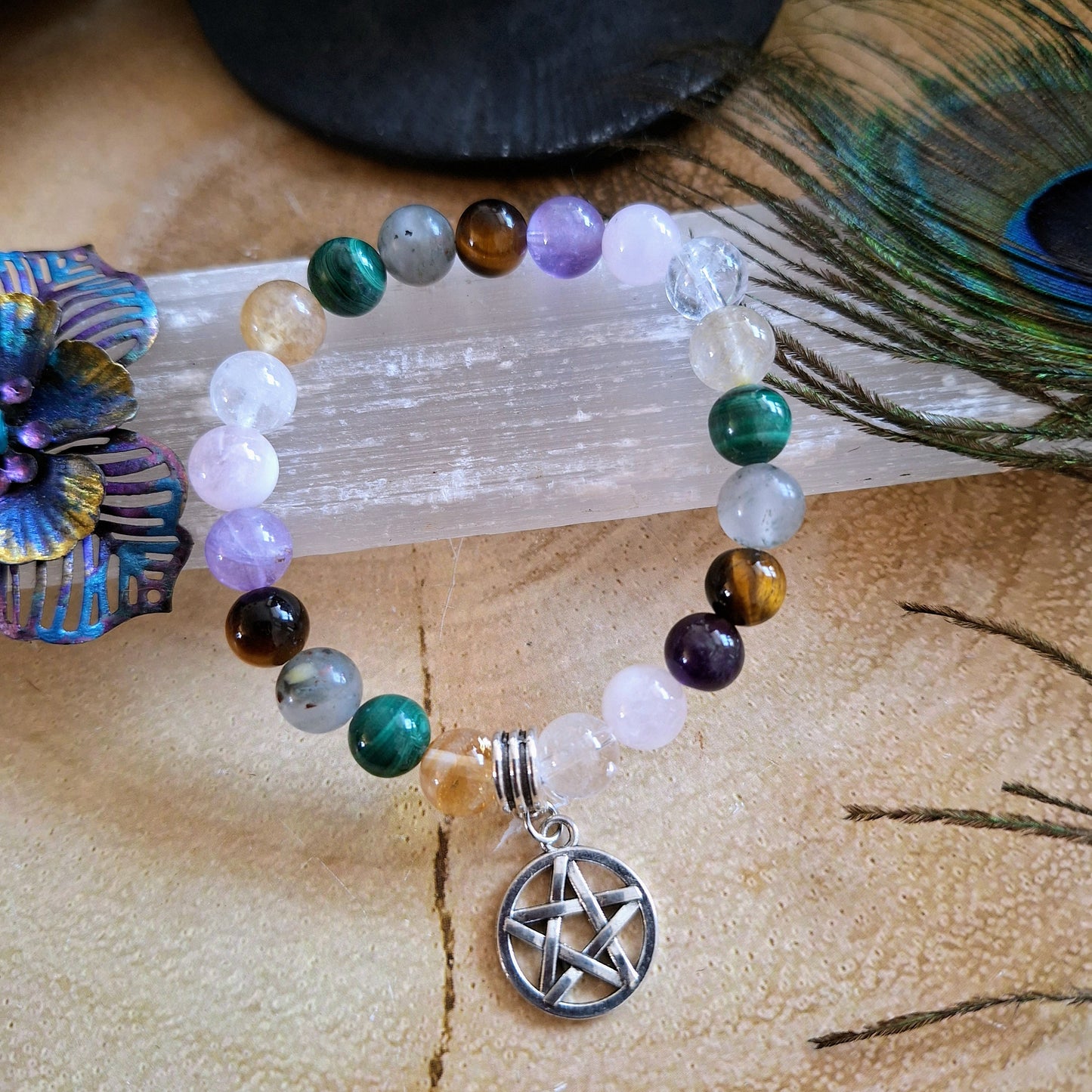 White Witch protection Bracelet with Bloodstone, Tigers Eye, Malachite, Citrine, Amethyst & Pentagram Charm crystal healing