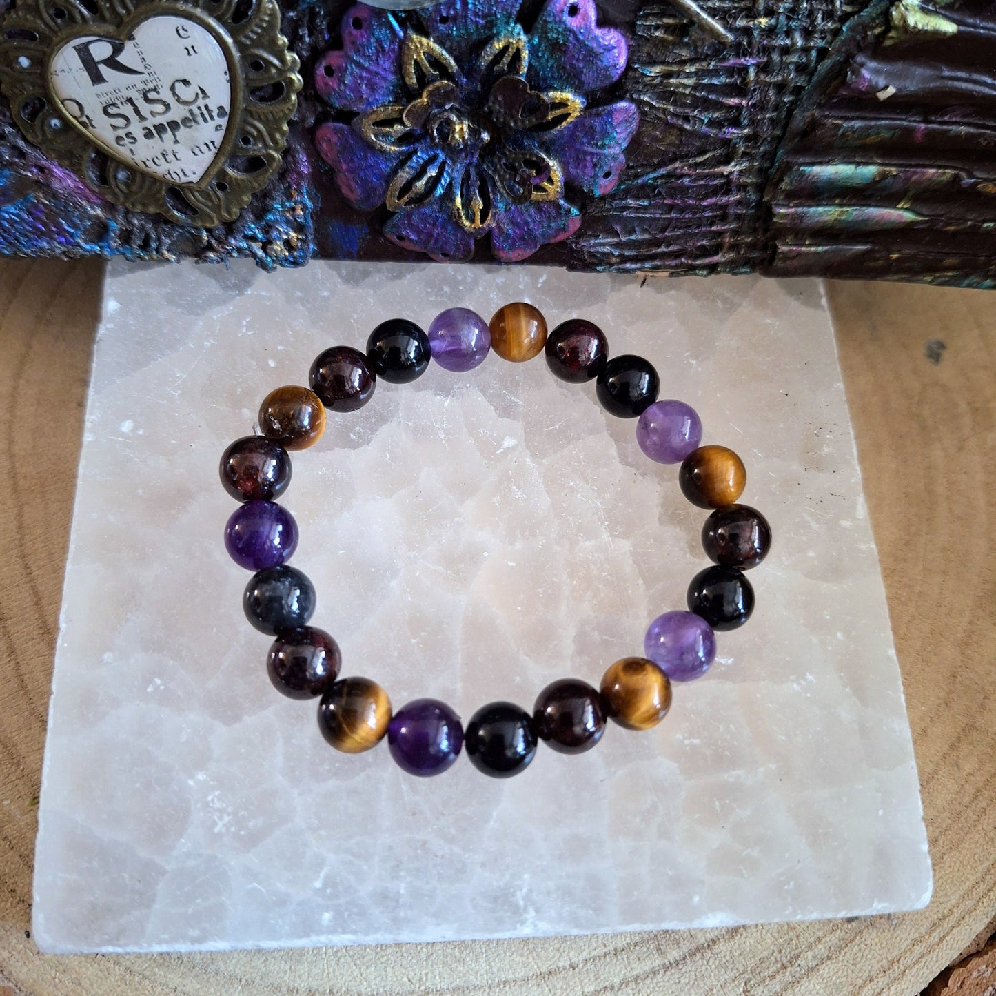 Willpower Bracelet crystal healing natural stone tigers eye, red garnet, Black tourmaline amethyst gift for him or her