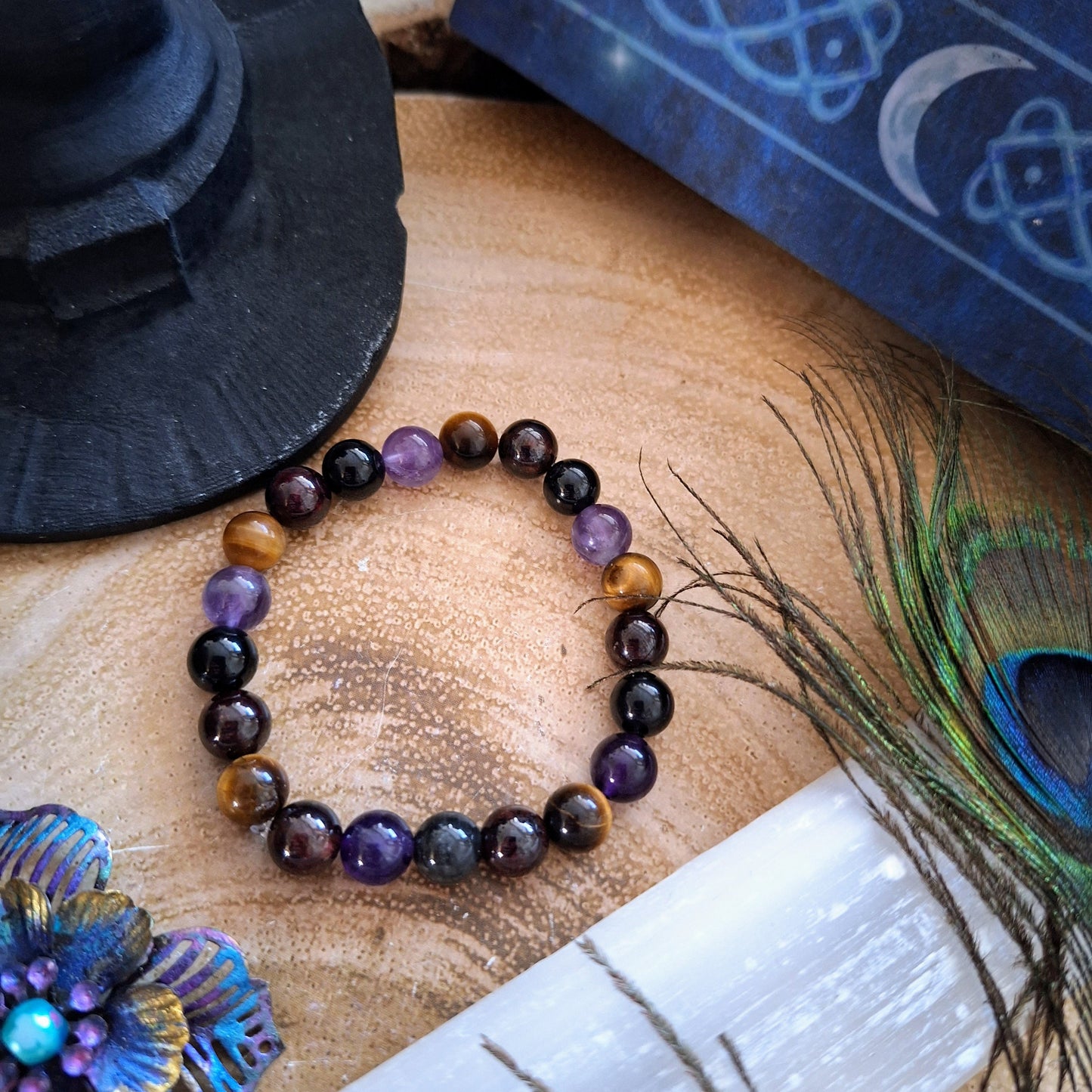 Willpower Bracelet crystal healing natural stone tigers eye, red garnet, Black tourmaline amethyst gift for him or her