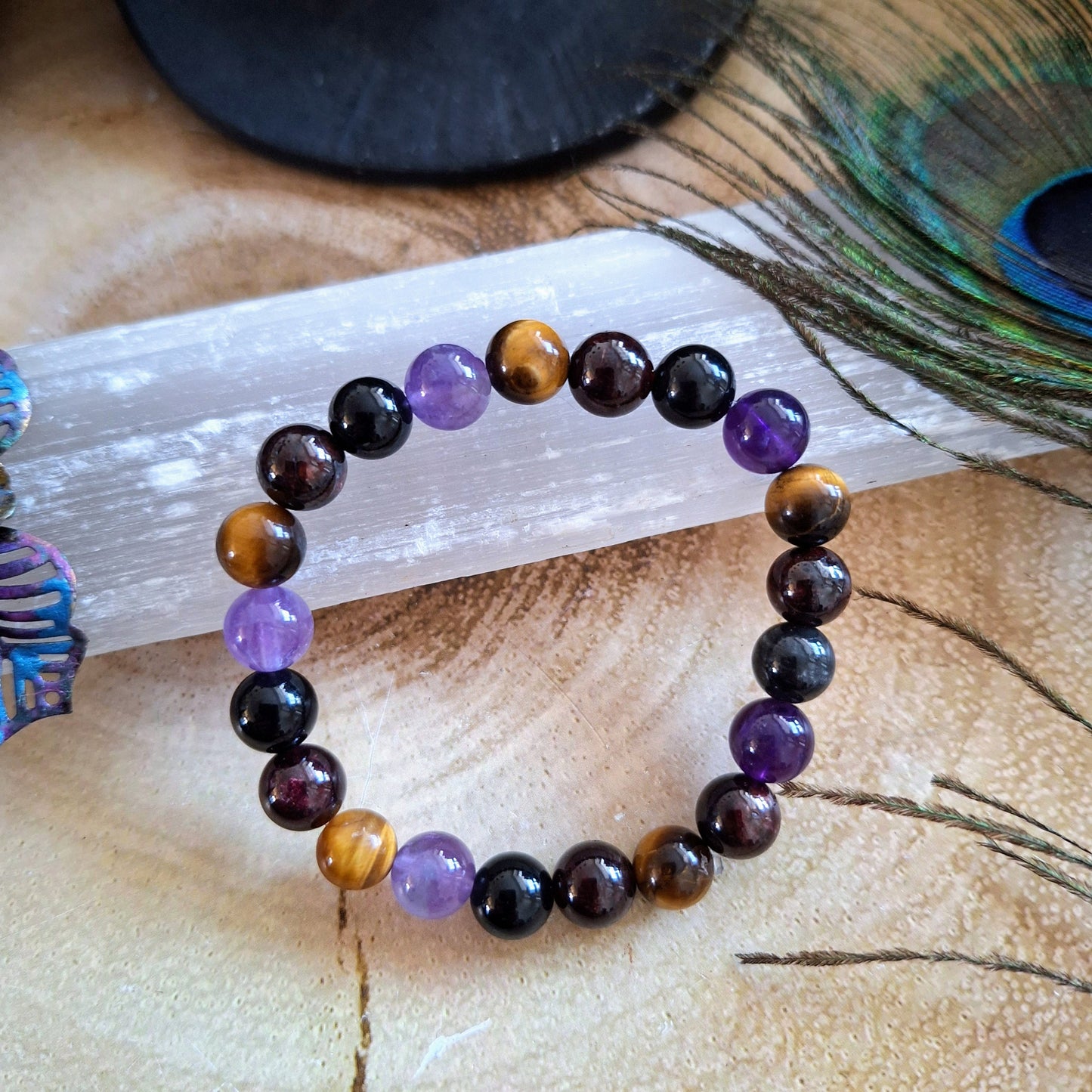 Willpower Bracelet crystal healing natural stone tigers eye, red garnet, Black tourmaline amethyst gift for him or her