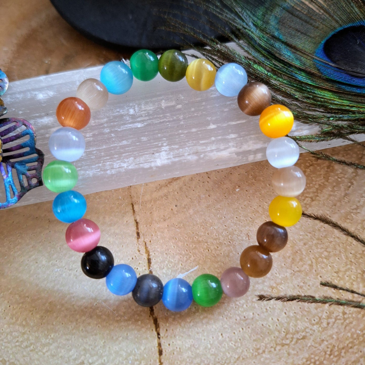 Cats eye bracelet mixed colour crystal healing stretchy stacking jewellery gift for him or her