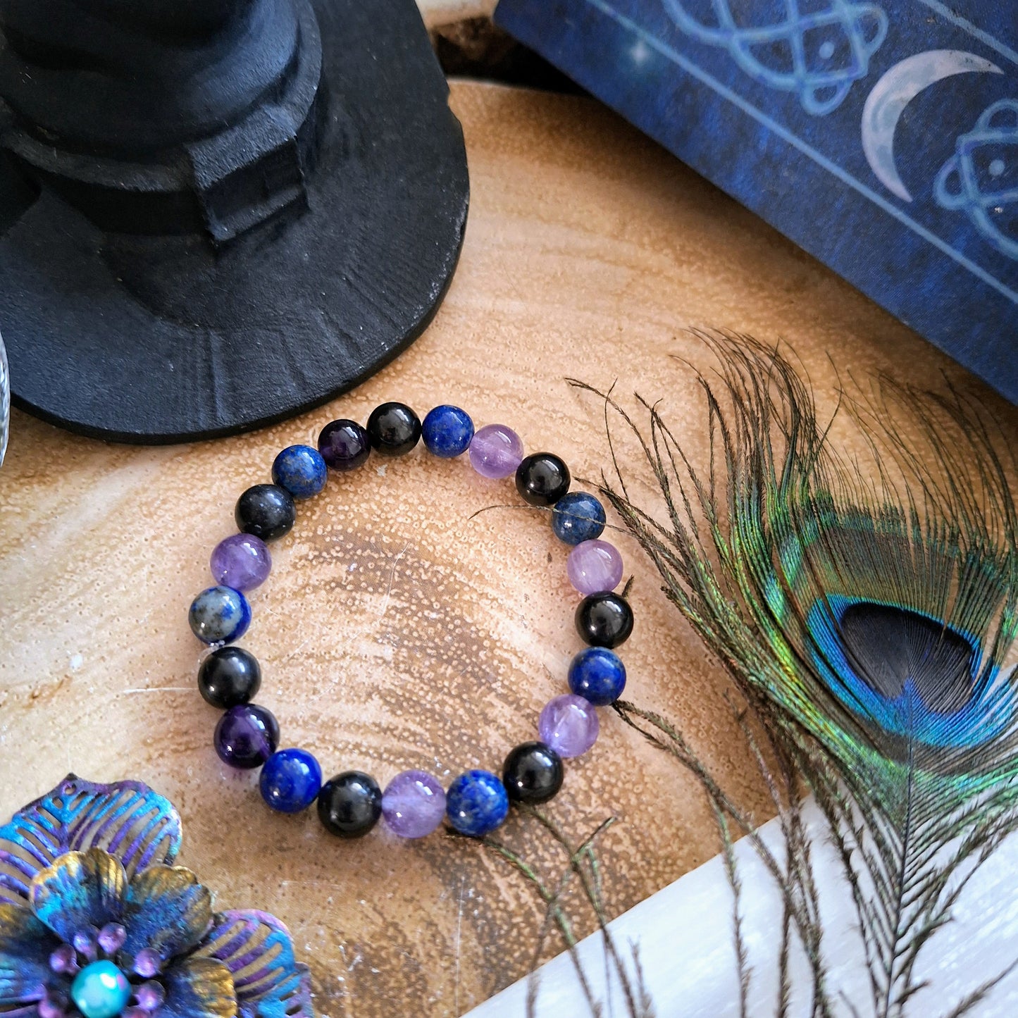 Jet lapis lazuli and amethyst bracelet gift for him or her crystal healing jewellery for men or women