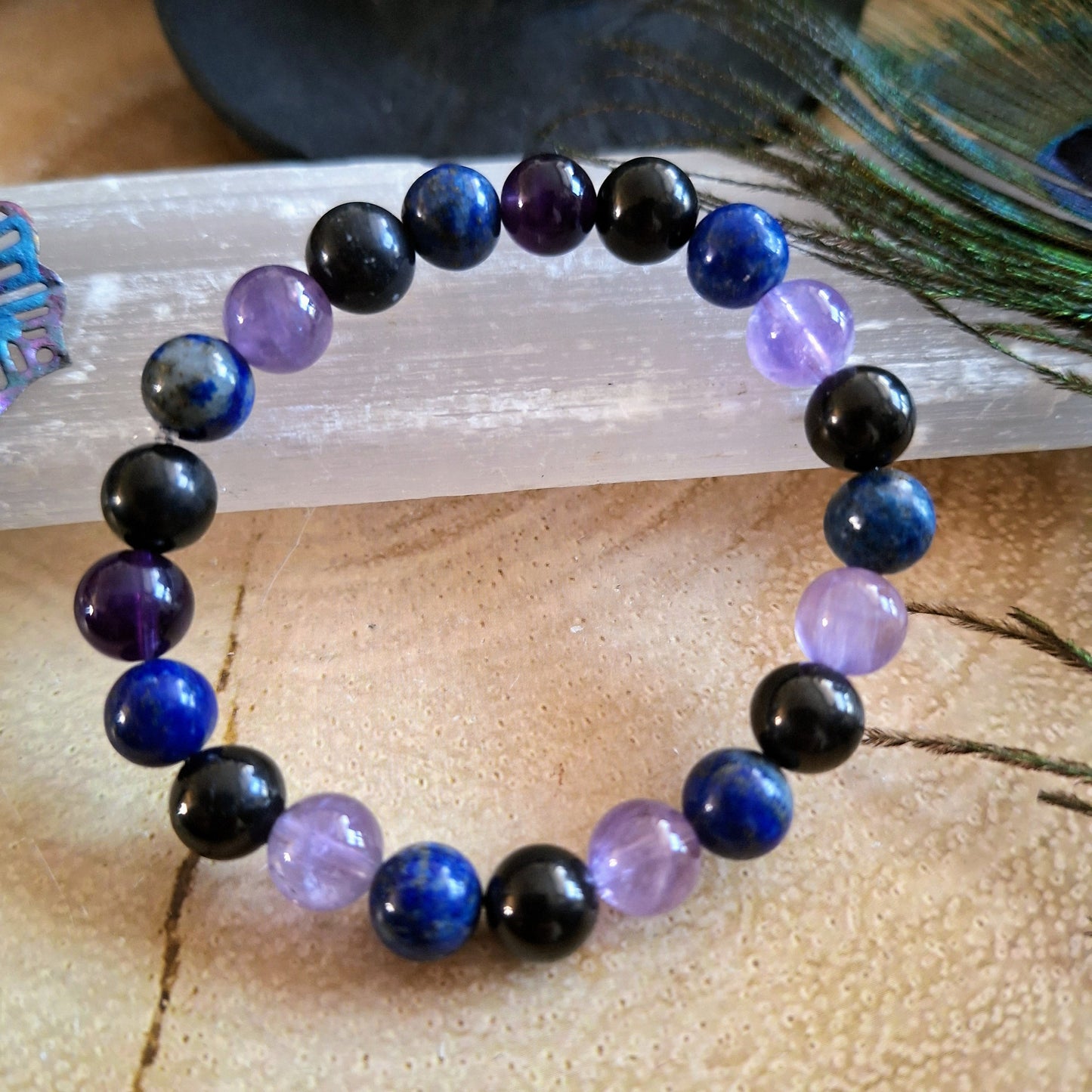 Jet lapis lazuli and amethyst bracelet gift for him or her crystal healing jewellery for men or women