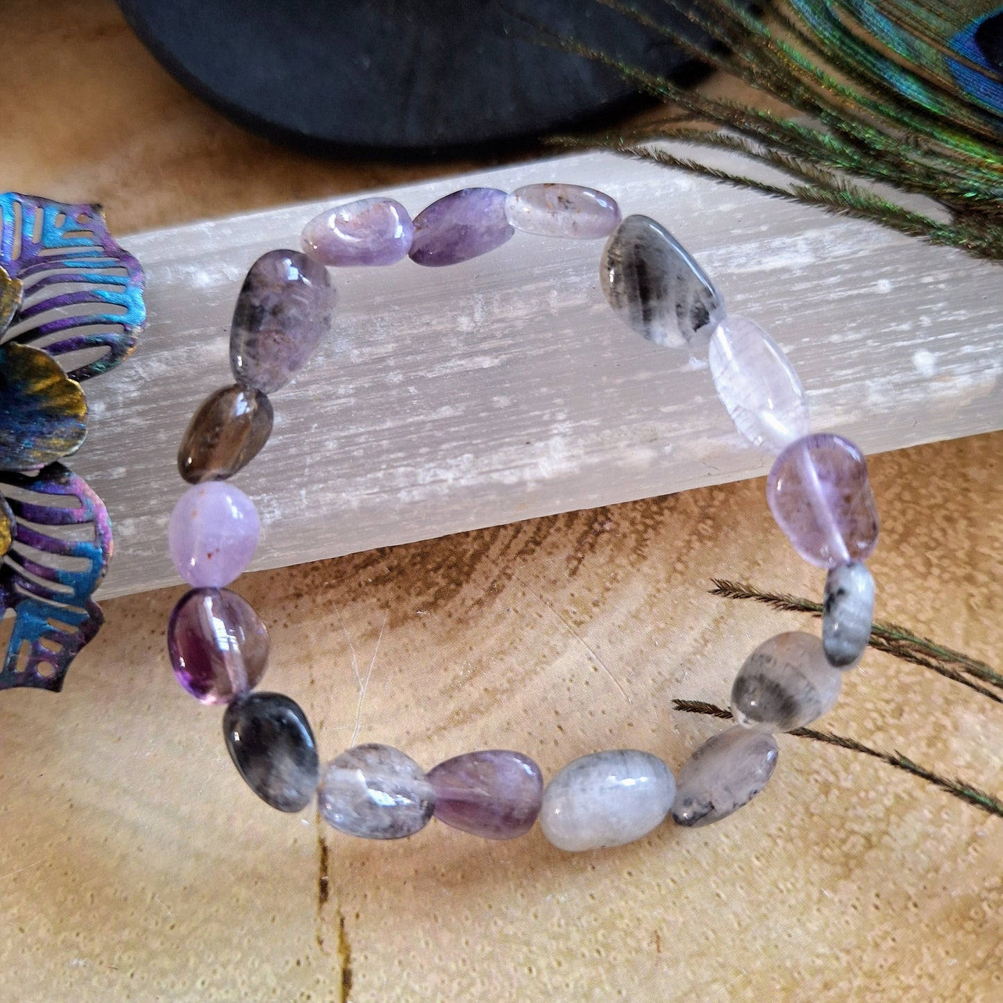 Amethyst Phantom Quartz nugget bracelet Crystal healing jewelry- Inner Growth, Aura Cleansing, Concentration, Spiritual Evolution