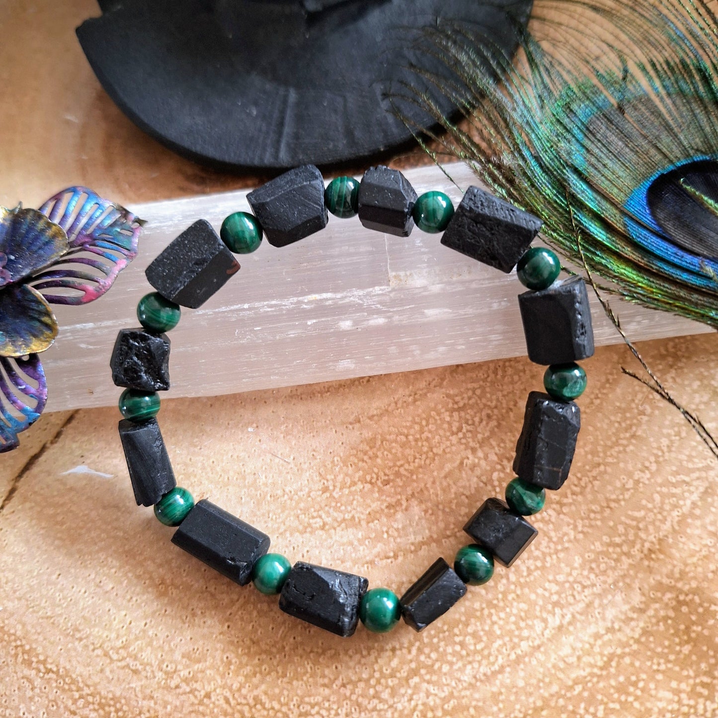 Raw black tourmaline and malachite bracelet with crystal gemstone jewellery natural stone gift for men or women