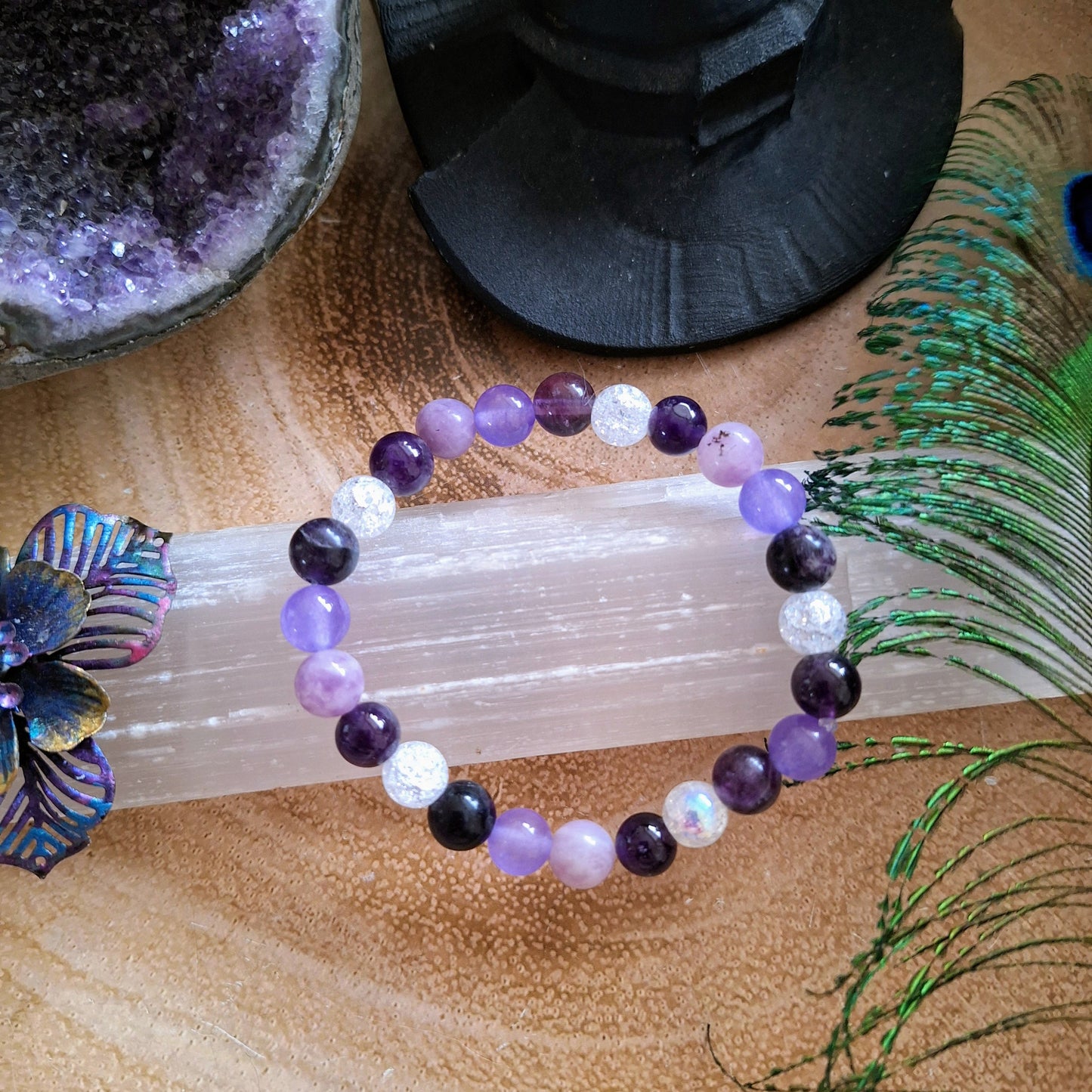 Crown Chakra Crystal Bracelet with Amethyst, Cracked Quartz, Chalcedony, Purple Fluorite and Lilac Lepidolite