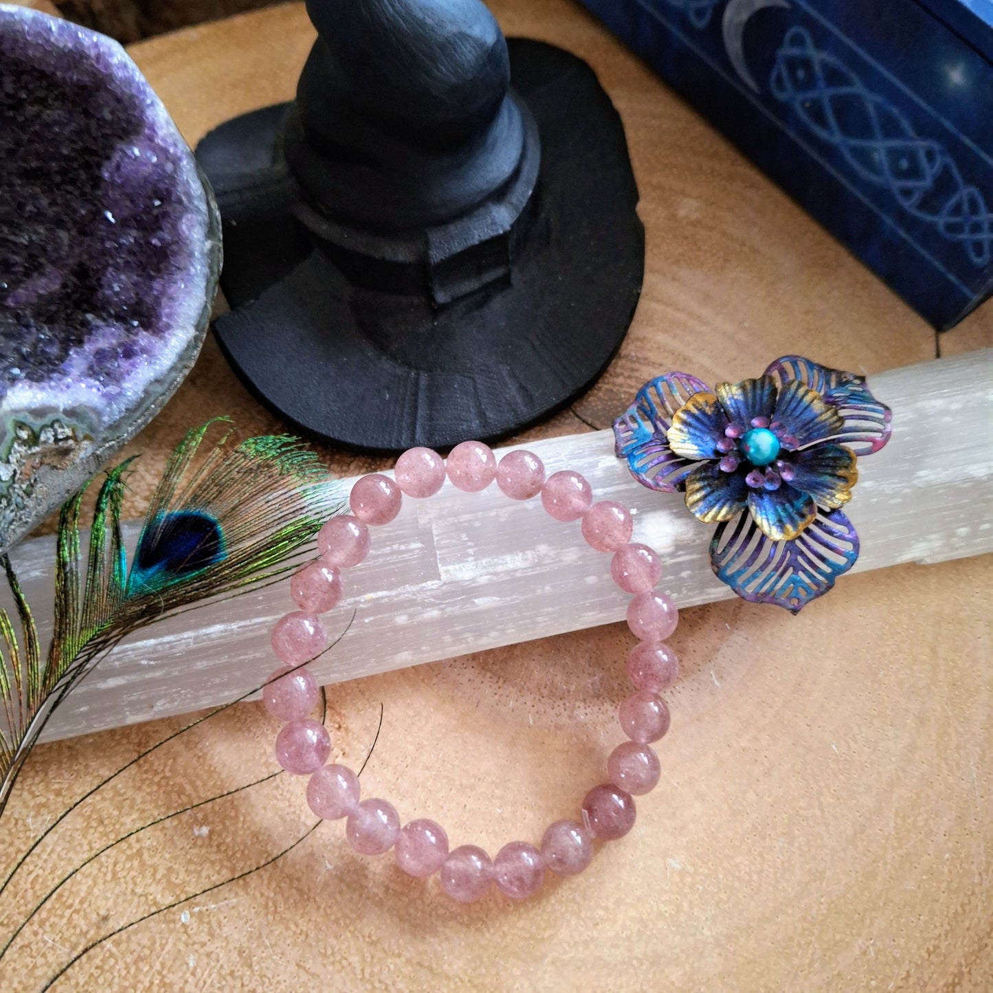 Strawberry quartz bracelet crystal healing natural stone stretch stacking jewellery gift for him or her heart chakra jewelry for women