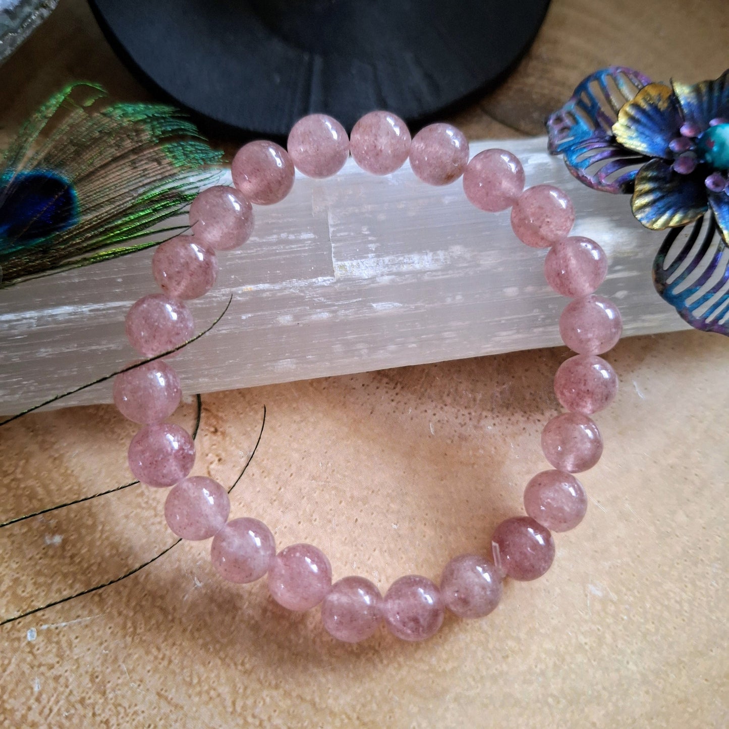 Strawberry quartz bracelet crystal healing natural stone stretch stacking jewellery gift for him or her heart chakra jewelry for women