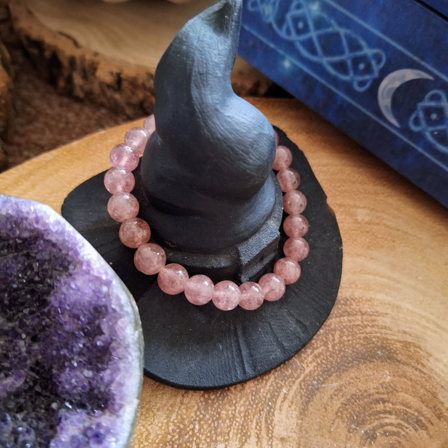 Strawberry quartz bracelet crystal healing natural stone stretch stacking jewellery gift for him or her heart chakra jewelry for women