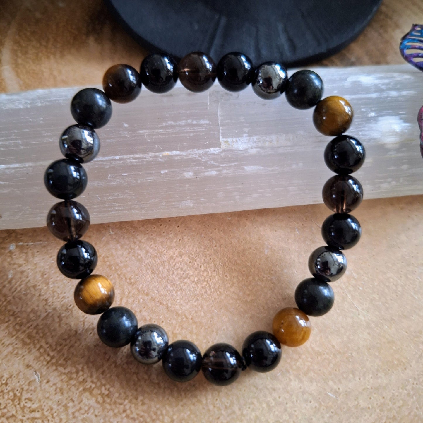 Protection bracelet for men or women Black tourmaline obsidian tigers eye jewellery gift for him or her